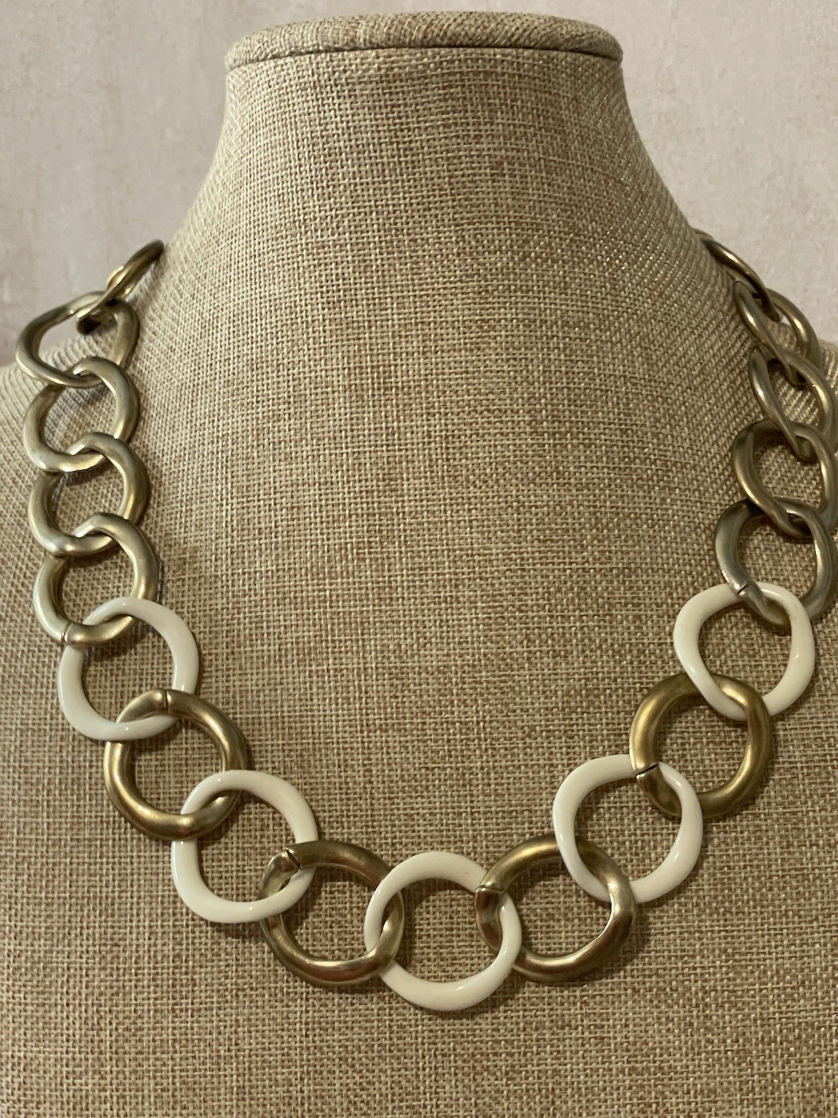 Vintage Monet Gold White Link Necklace Chunky Statement Chain Retro Modern