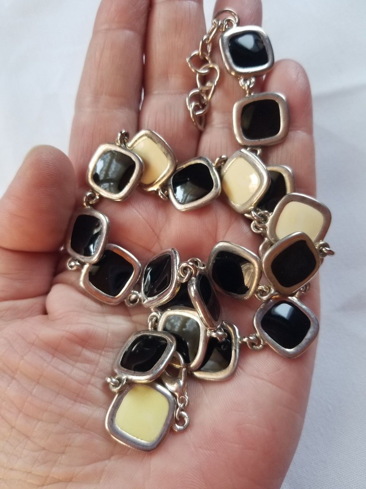 Vintage 1970s Black and Cream Enamel Geometric Necklace Reversible Silvertone