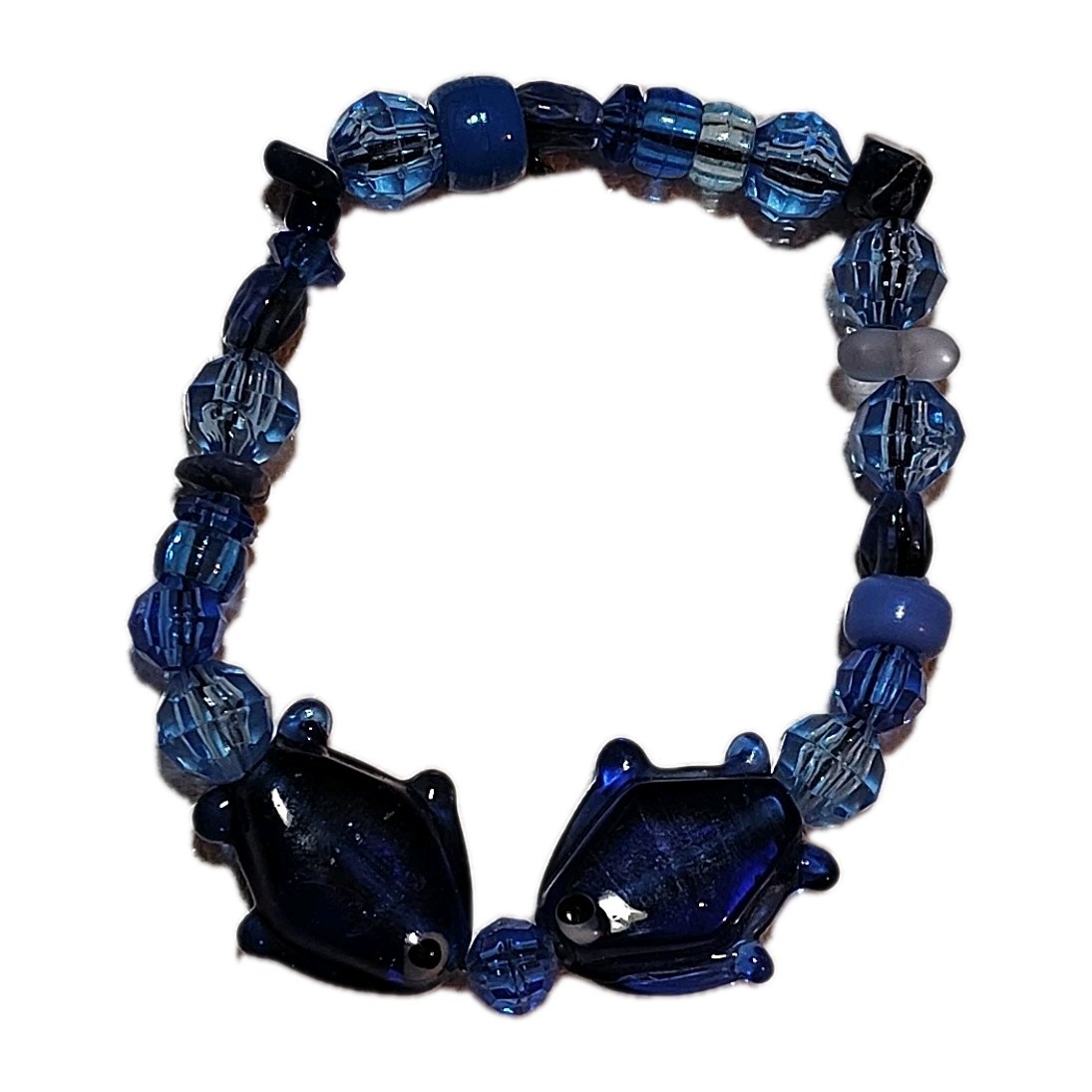 Little Fish Creatures Blue Art Glass Vintage Beaded Bracelet Elastic Stretch
