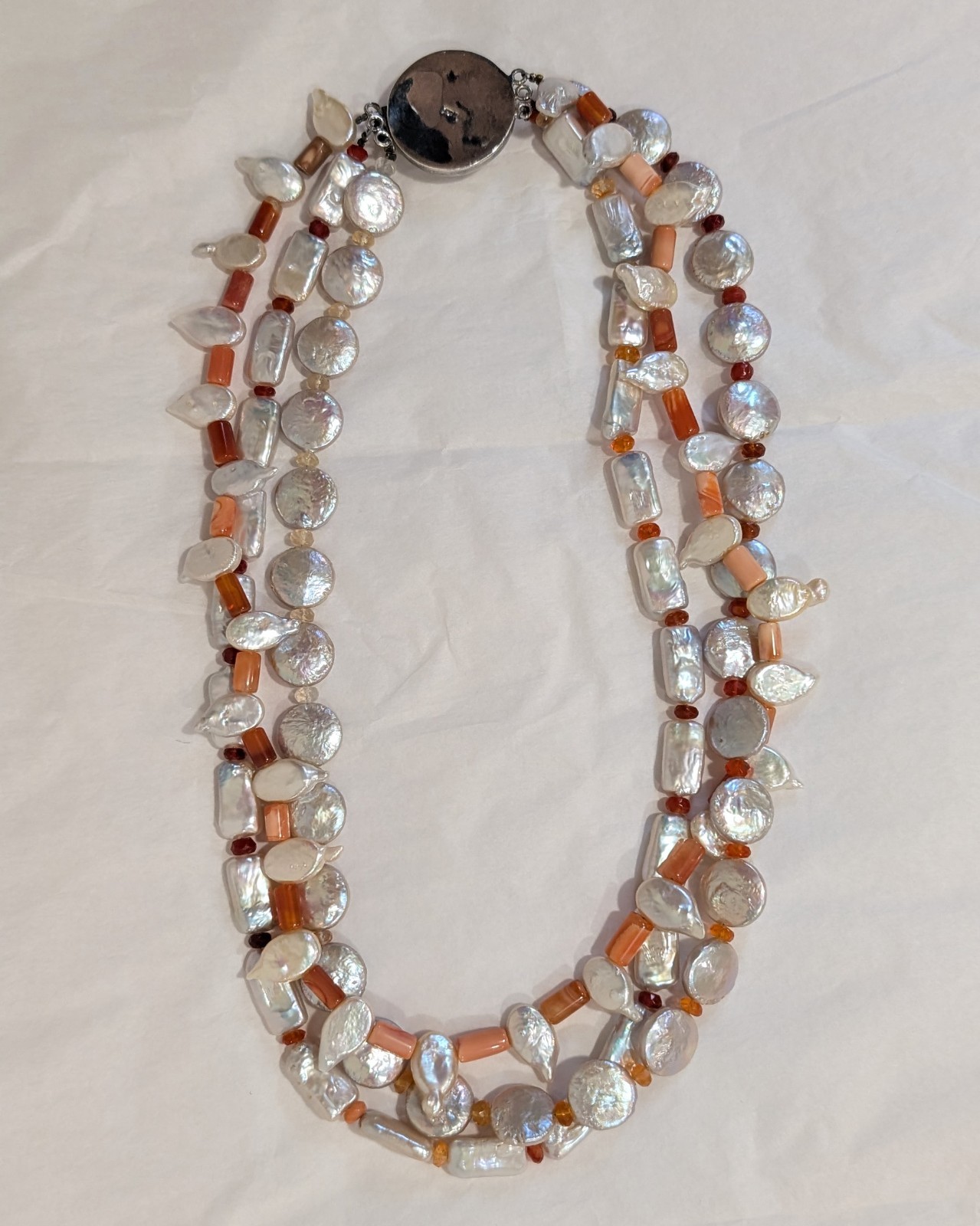 Estate 3 Strand Baroque Pearl Coral Carnelian Necklace w/925 Silver Clasp 20 in.