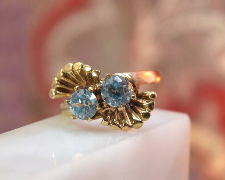 Antique Vintage 10K Gold Blue Zircon 2 Stone Ladies Ring sz 6.5