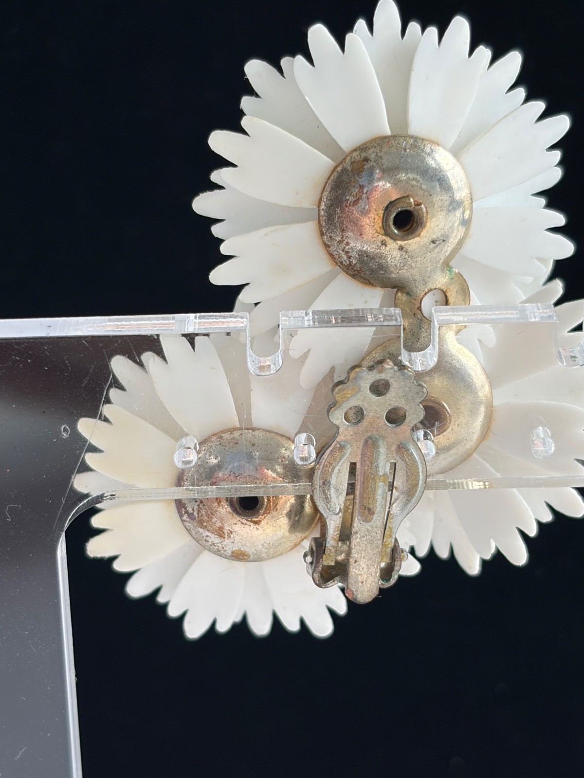 Vintage MCM White Plastic Climber Triple Flower & Clear Rhinestone Clip Earrings