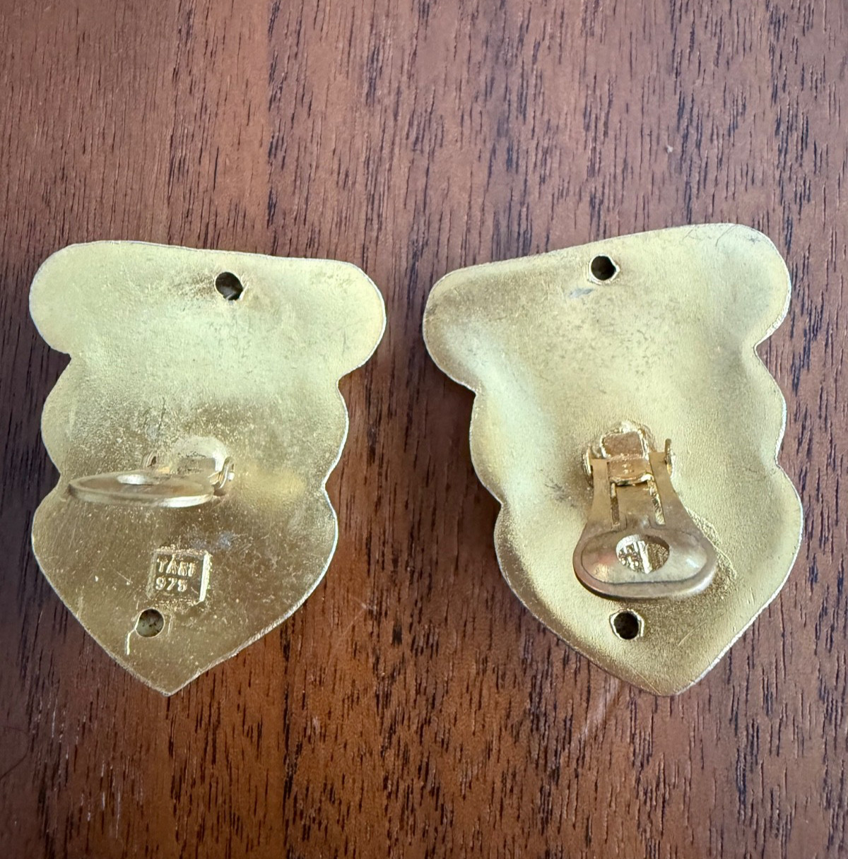 Vintage Signed TAKI Large Gold Plated 925 Silver Clip Earrings Onyx? Resin?
