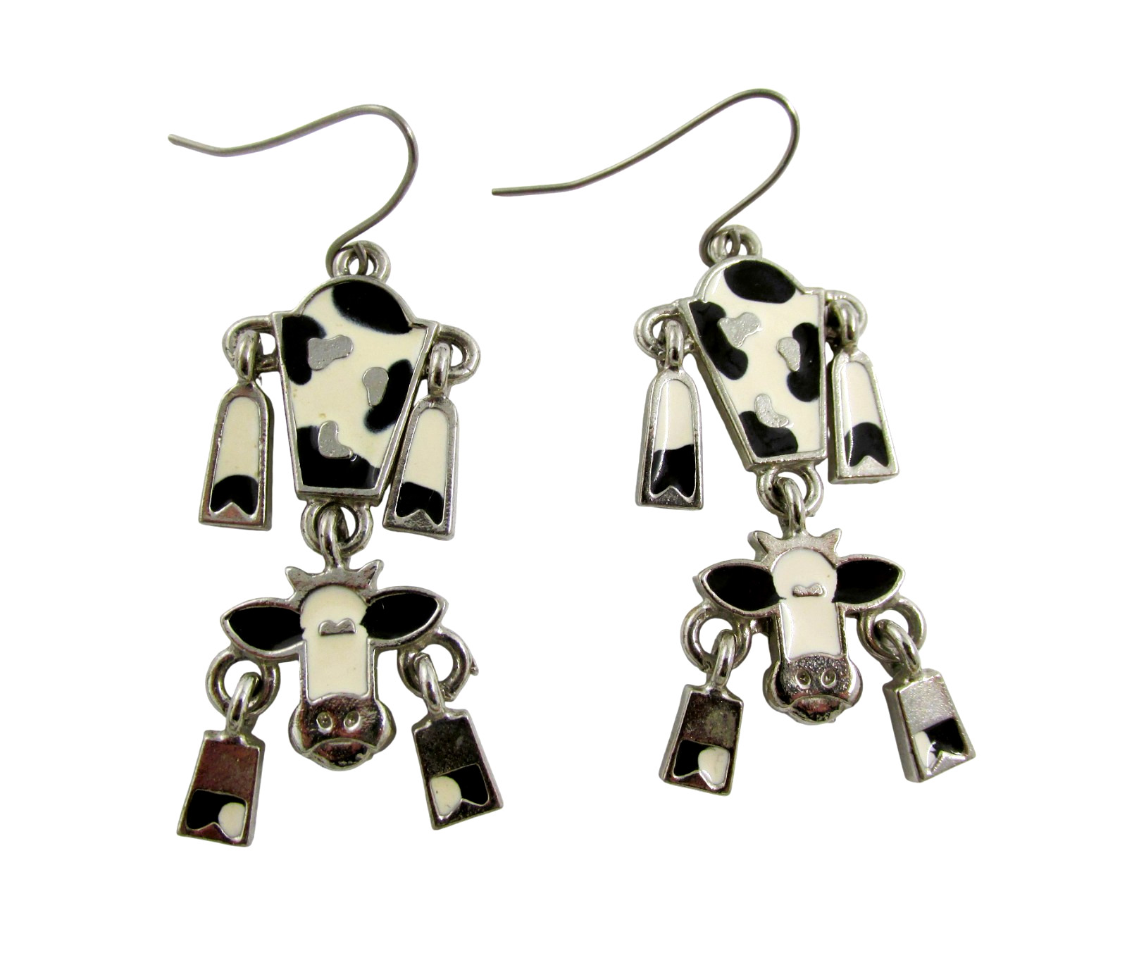 Edgar Berebi Enamel Cow Dangle Earrings Signed EB Silver Tone Articulated