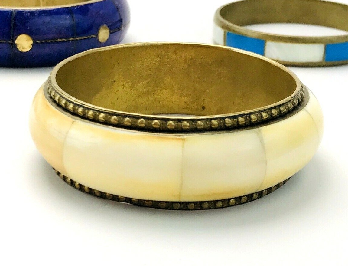 Lot of Three Vintage Brass Shell Inlay Bangle Bracelets India