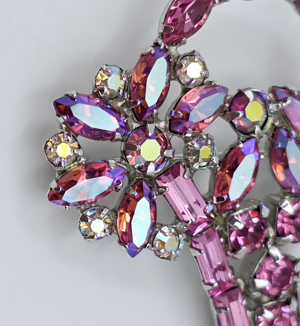 Vtg Signed Weiss Pink Rhinestone Flower Basket Brooch Pin AB Crystal 1950s Rare