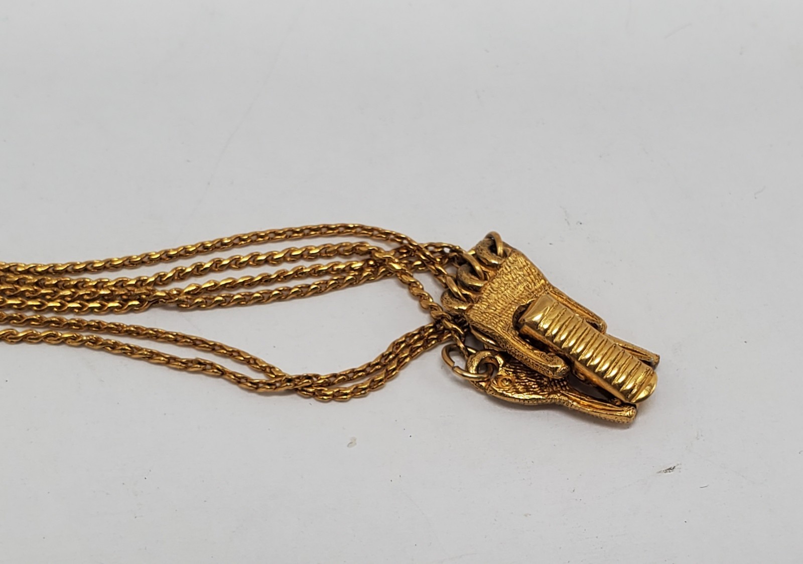 Vintage Goldette Gold Tone Triple (3) Strand Necklace W/ Locket & Medusa? Face