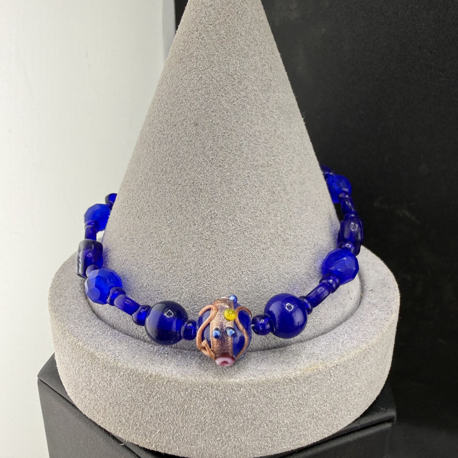 Vintage Wedding Cake Bead Bracelet Blue Glass Beaded 8”