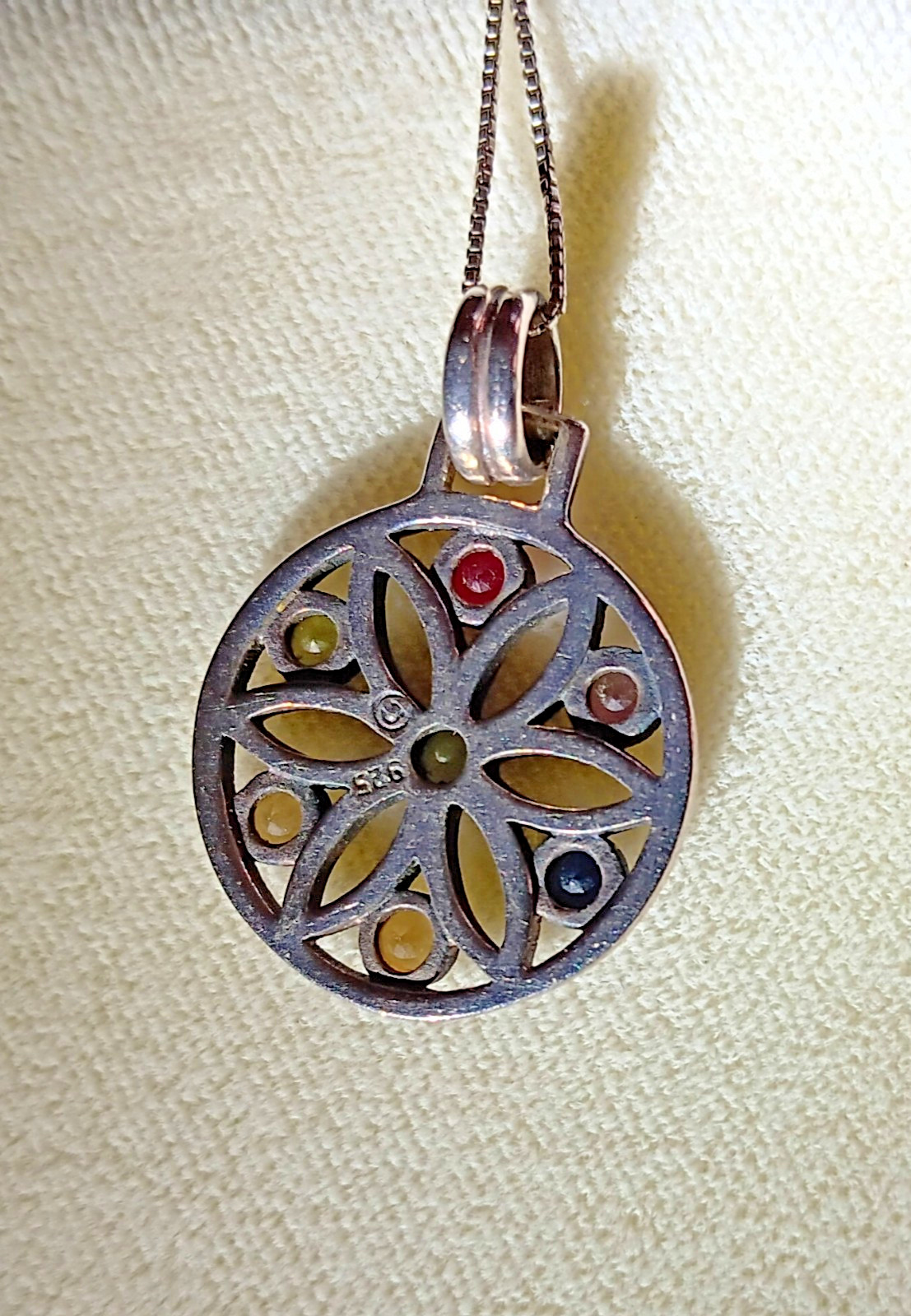 VINTAGE FLOWER OF LIFE .75″ DAIM 925 STERLING SILVER PENDANT GEMSTONES 18″ CHAIN