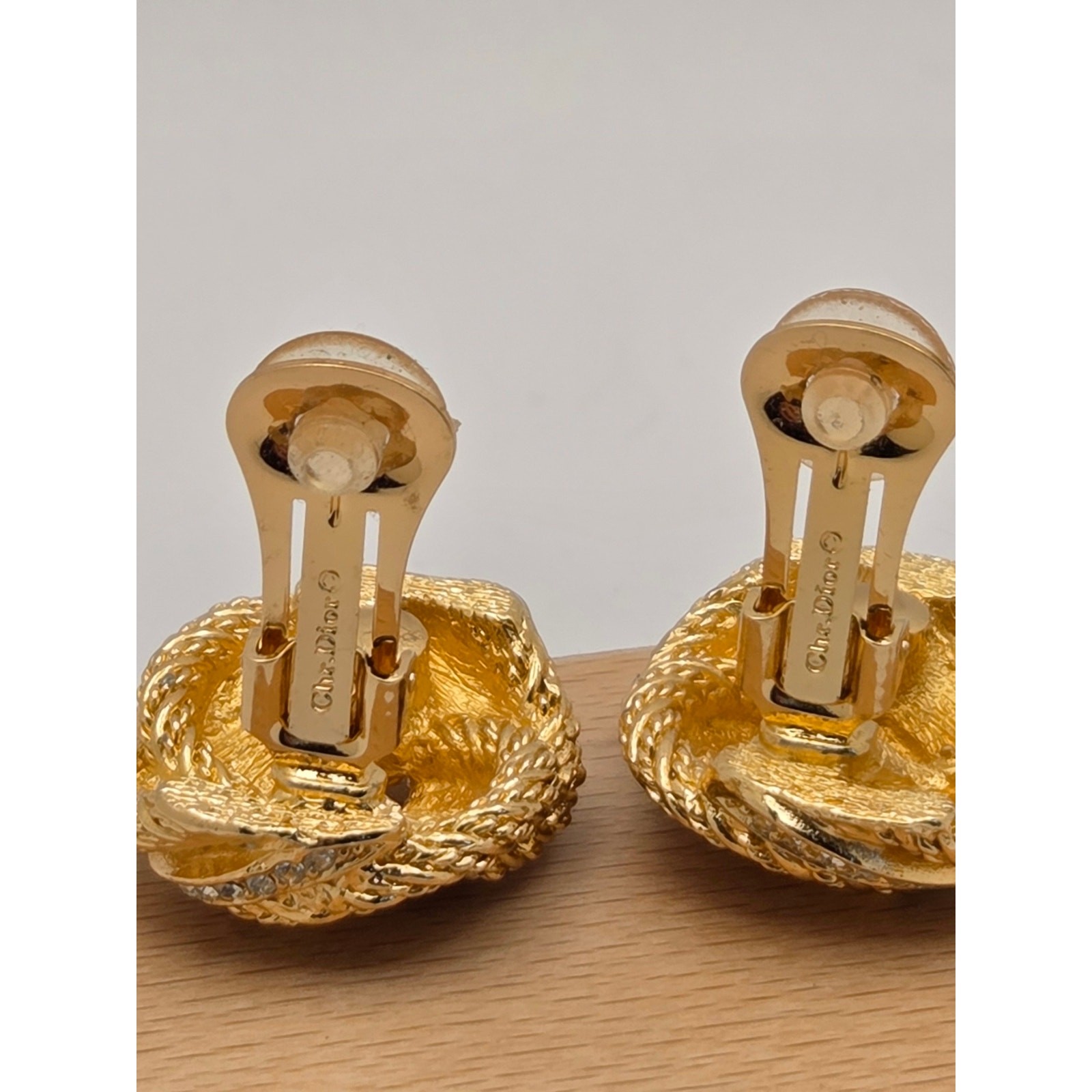 Vintage Christian Dior Rhinestone Rope Twist Knot Clip On Earrings Gold Tone