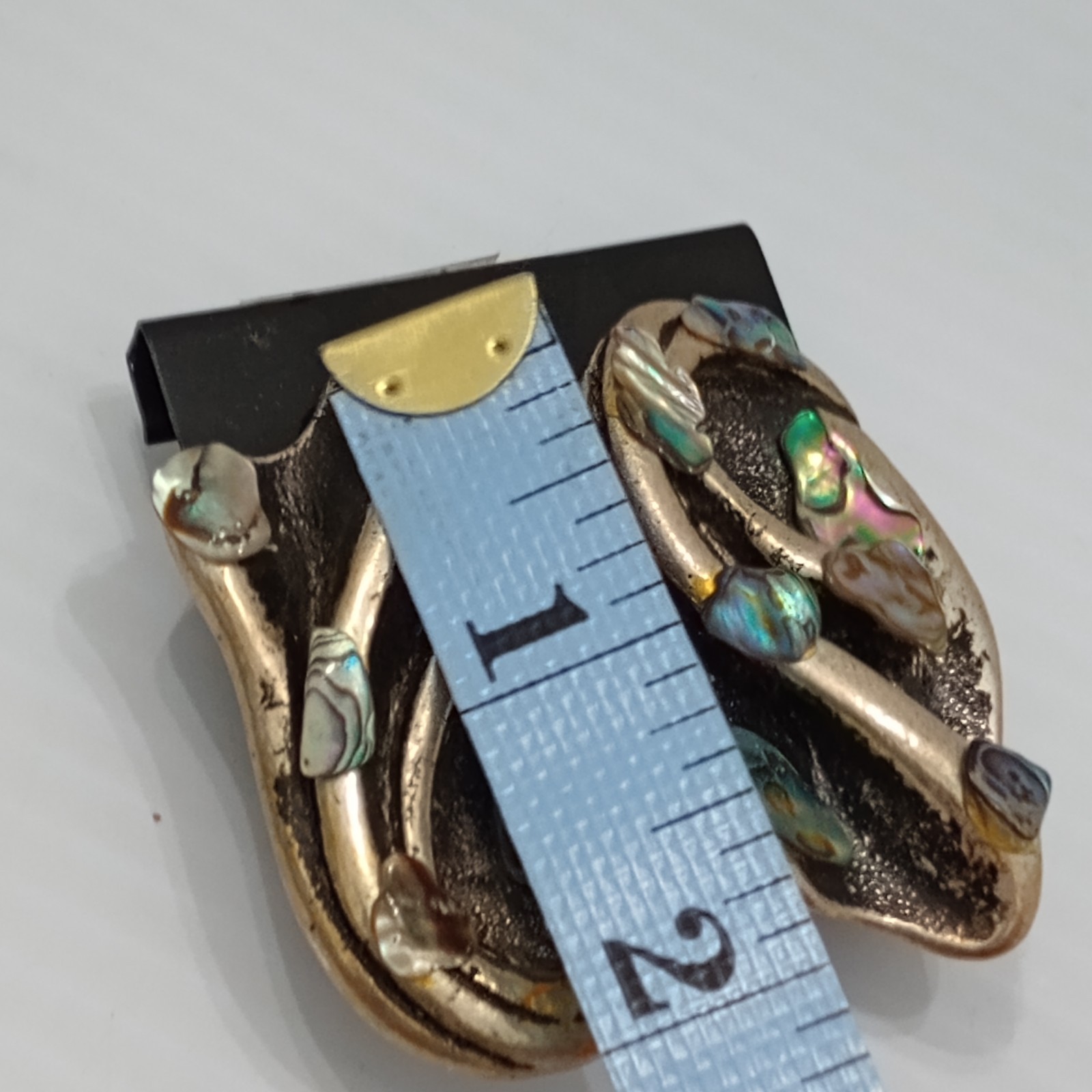 Jeff Lieb Bold Clip On Statement Earrings Abalone Shell Silver Tone Brutalist 2″