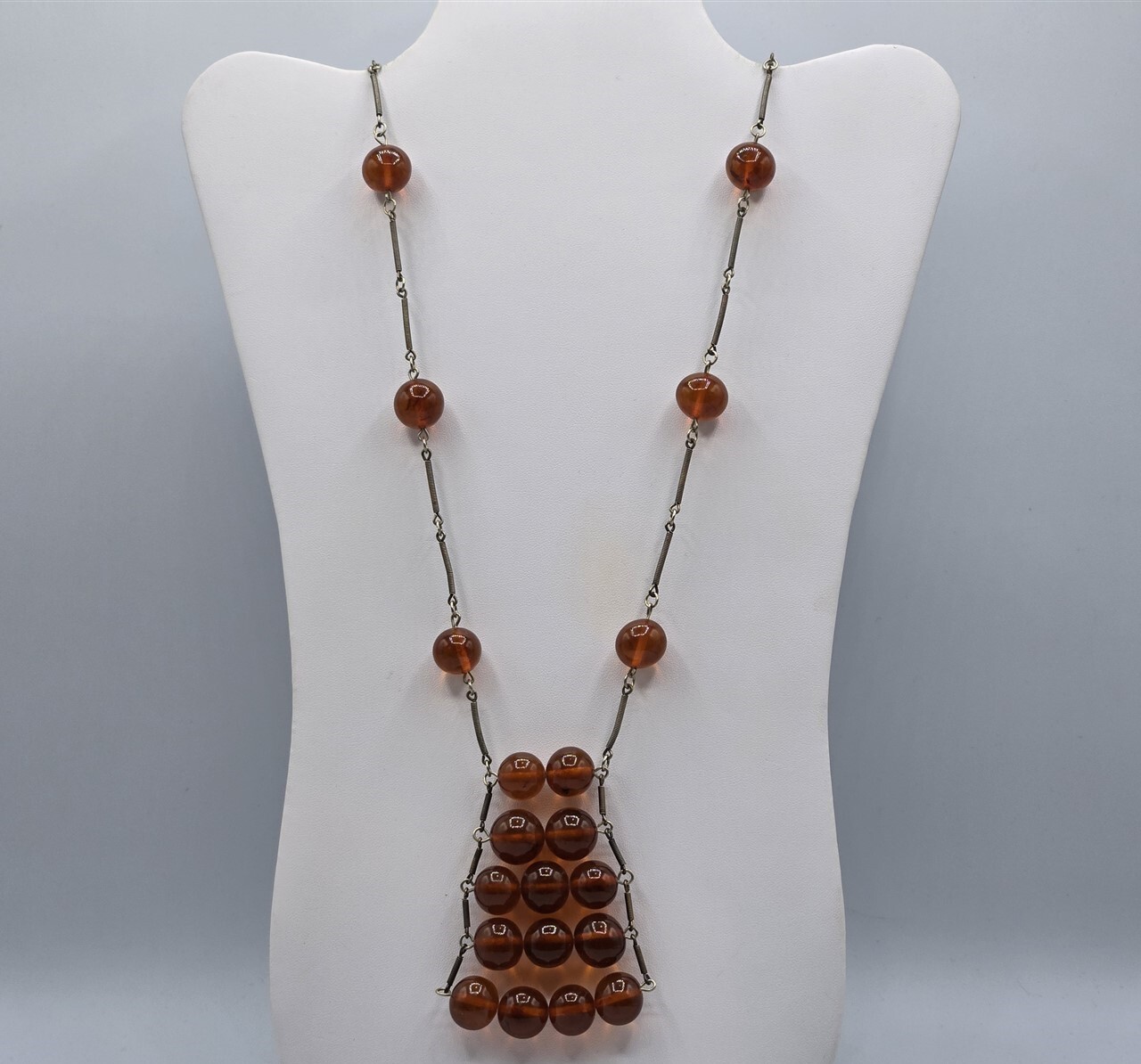 Amber Bead Modernist Necklace Silver Tone & 14 mm 30″