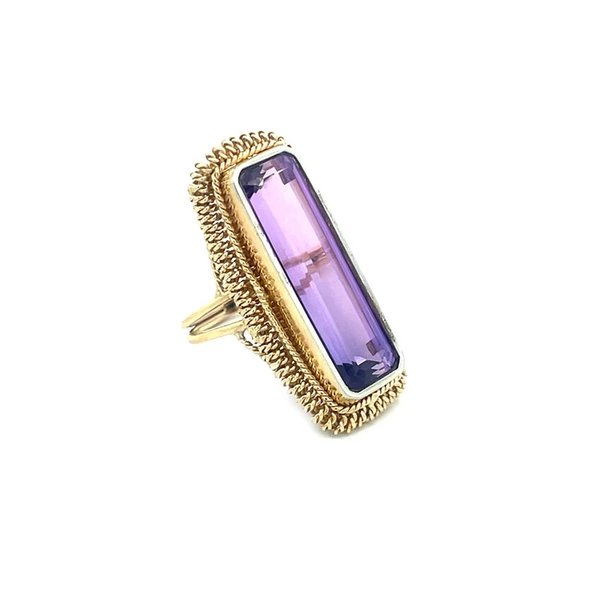 Amethyst Gold Long Ring 18k Yellow Rope Style Split Shank Size 5 Vintage