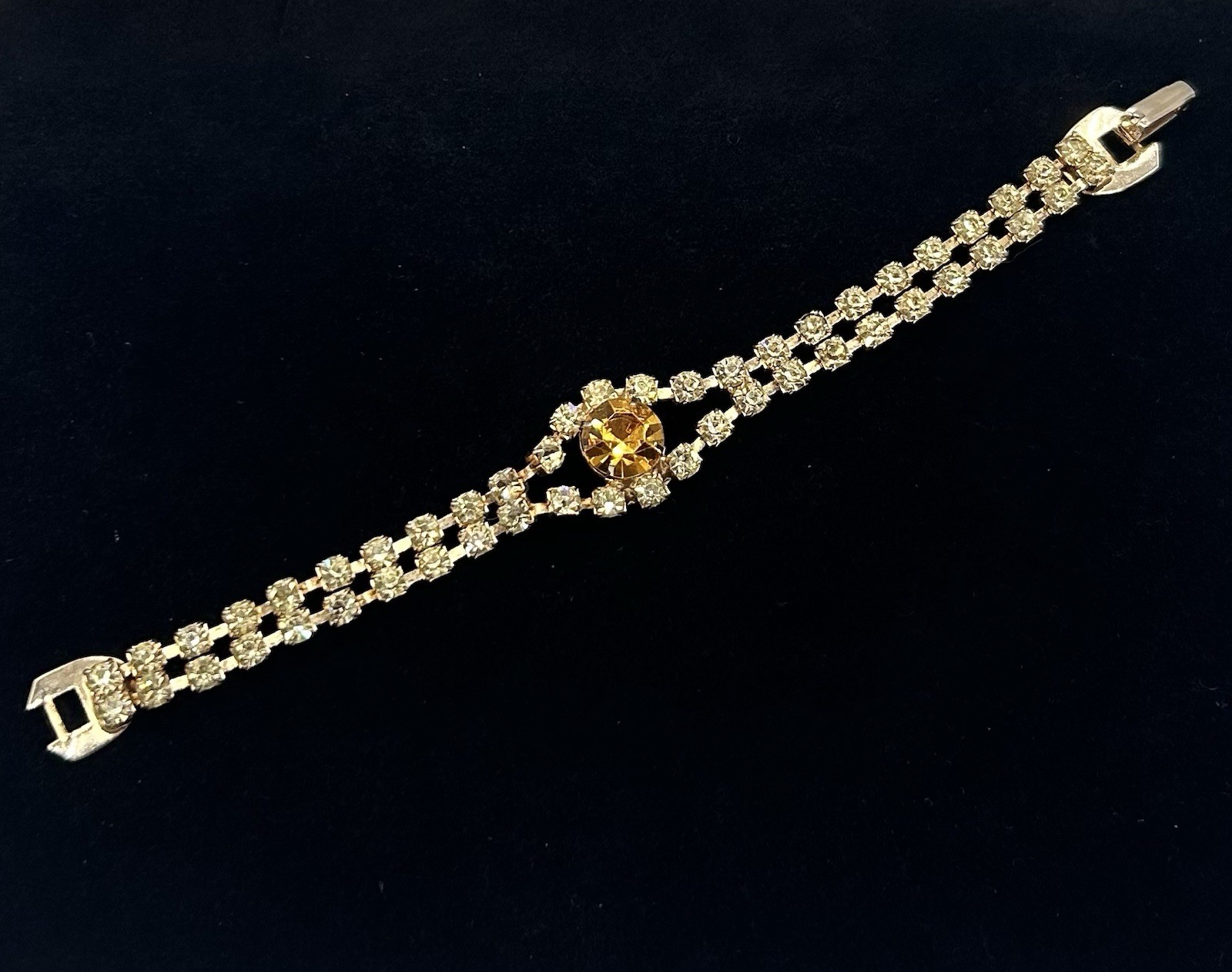 Vtg -1950s-ORANGE AMBER-Rhinestone-BRACELET and Floral EARRINGS SET-Gold Tone