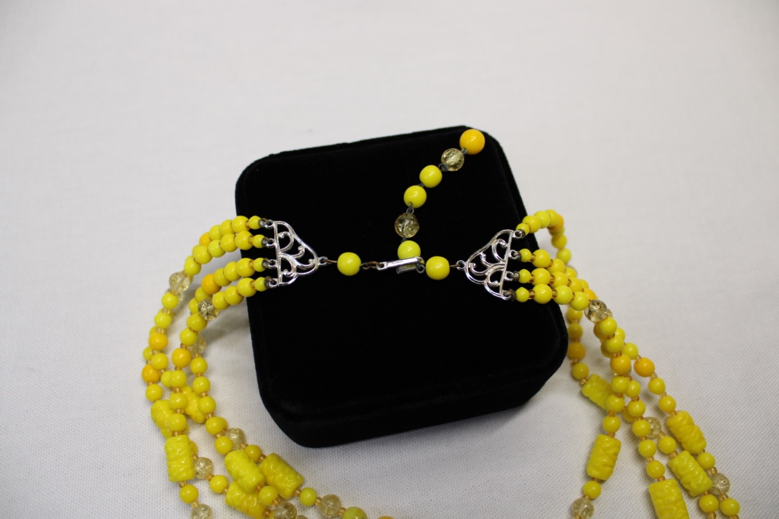 Vintage Yellow Multi Strand Beaded Necklace Earrings Set Art Deco Czech Style