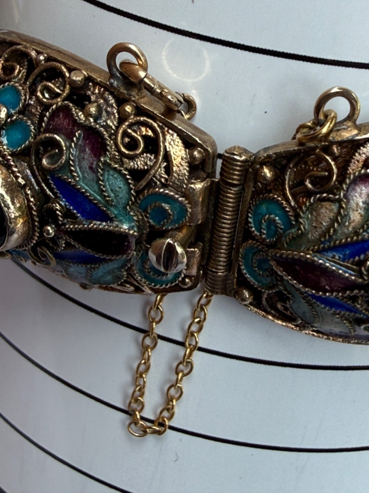 Chinese Export Silver Gilt Filigr Bracelet with Enamel and Tiger’s Eye Cabochons