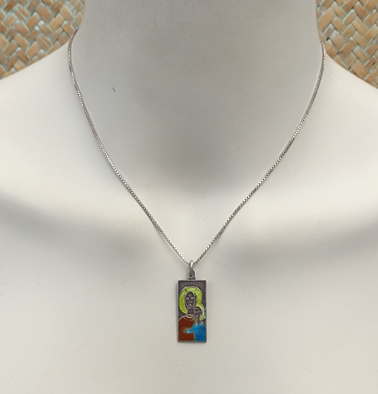 VTG 950 Silver Enamel Necklace Modernist Woman Child Artisan Abstract Pendant