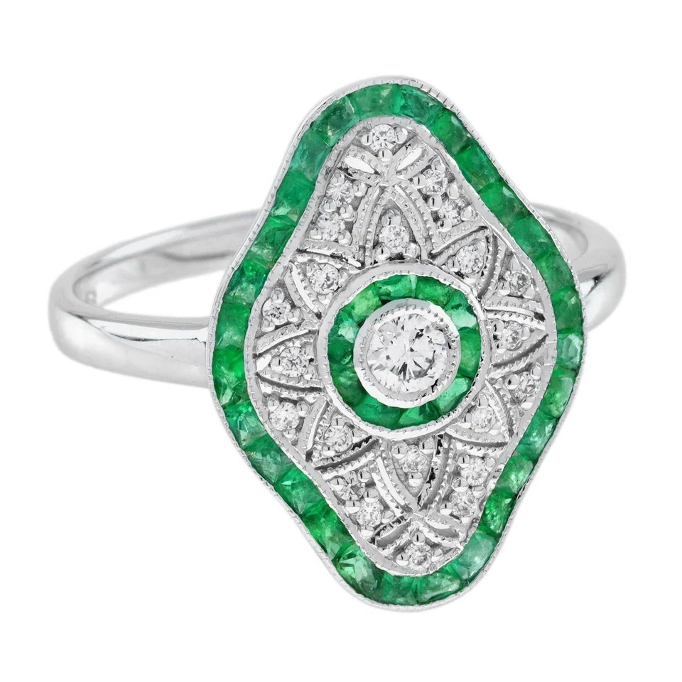 Art Deco Style Lab Created Diamond & Emerald Engagement 14K White Gold FN Ring