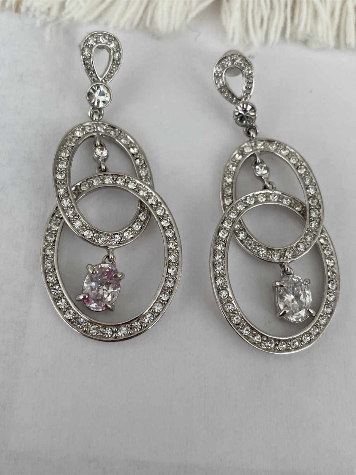 Vintage Nolan Miller Glamour Rhinestone Dangle Pierced Earrings 2 1/4”
