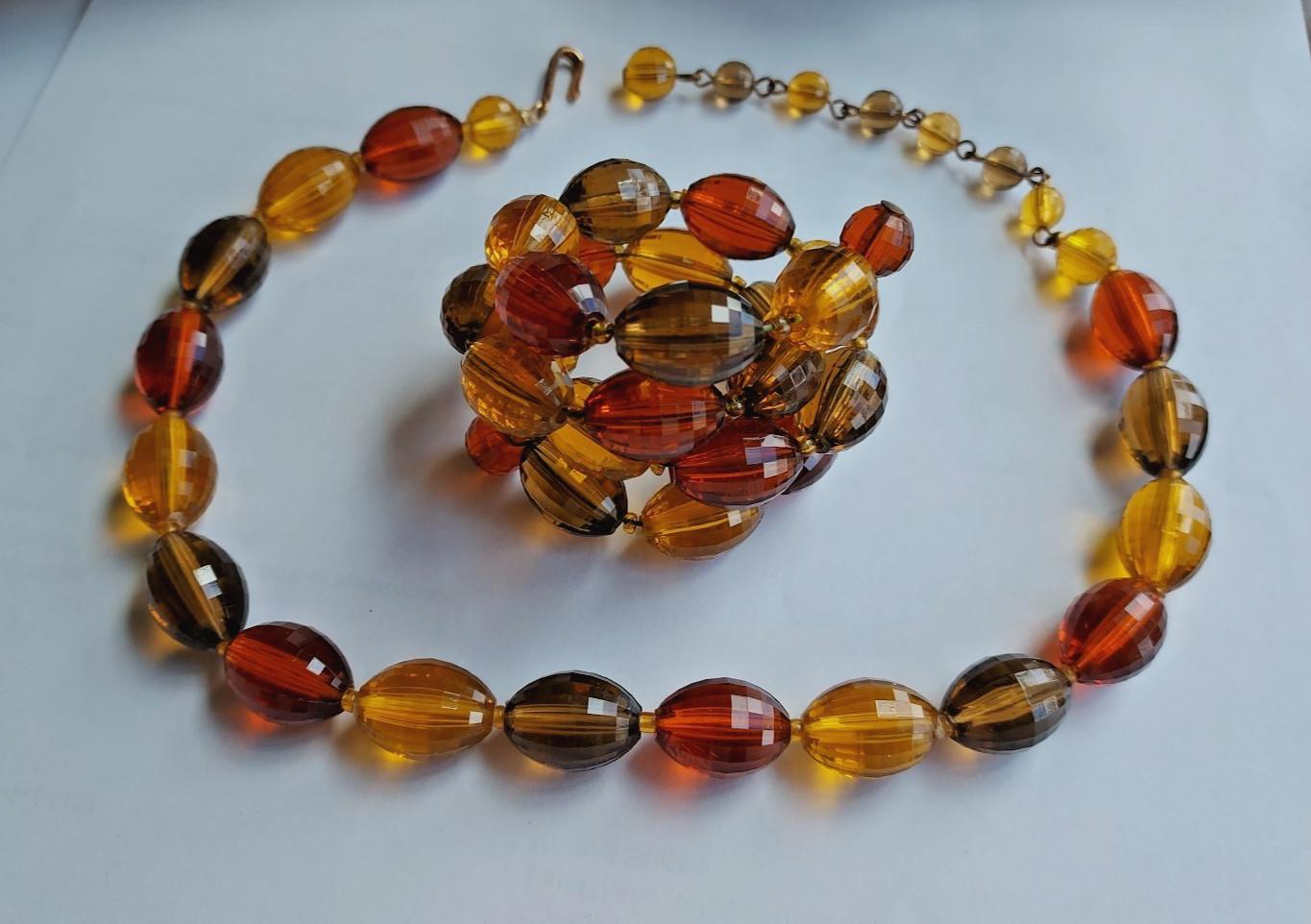 Lucite Amber Necklace and Bracelet Vintage Set Amber Earth Tone Beads