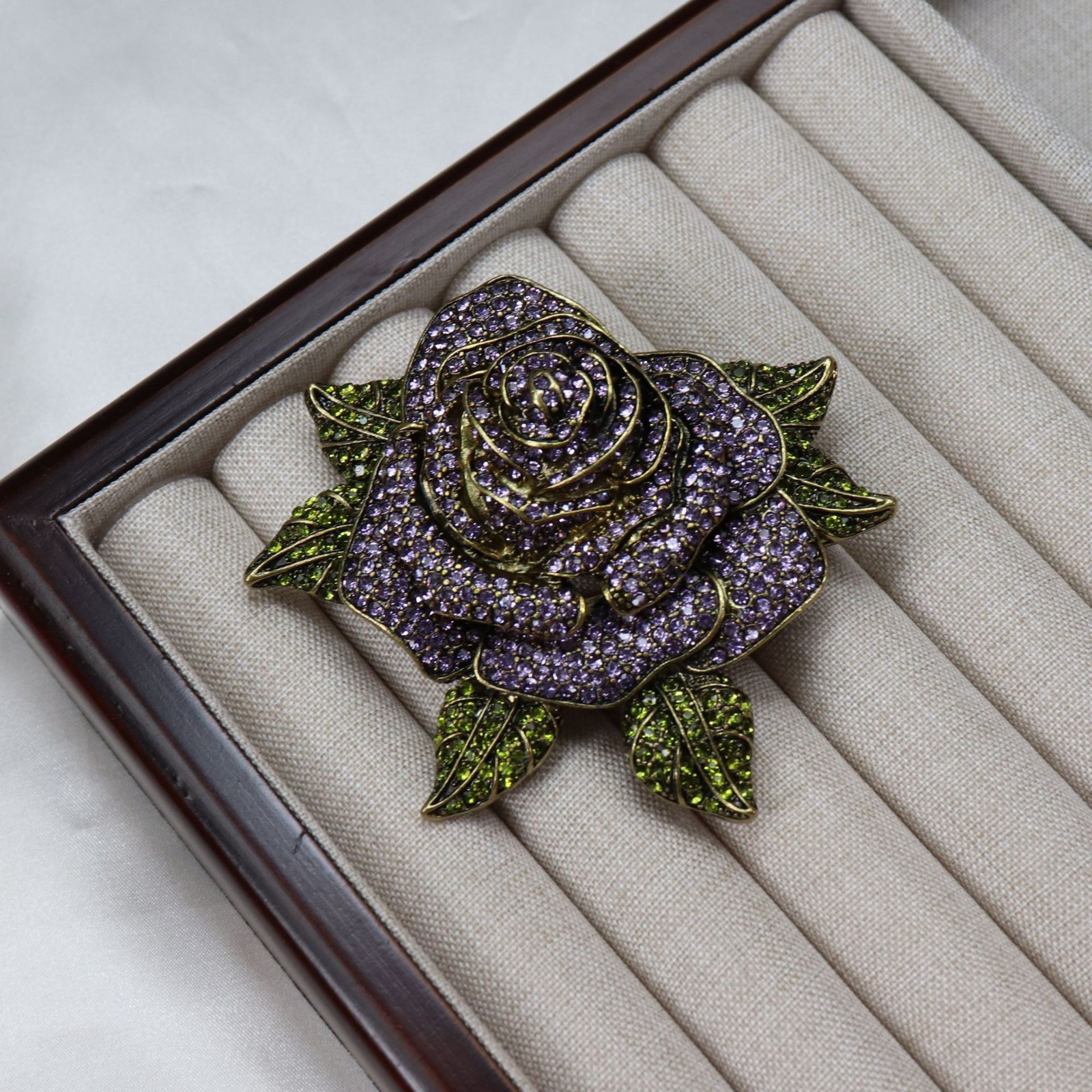 Heidi Daus Rhinestone Rose Brooch Purple Green Crystal Antique Bronze Floral Pin