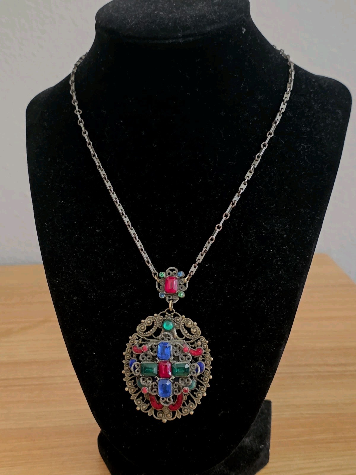 Vintage Czech Glass Filigree Enamel Necklace Multicolor Rhinestone Oval Pendant