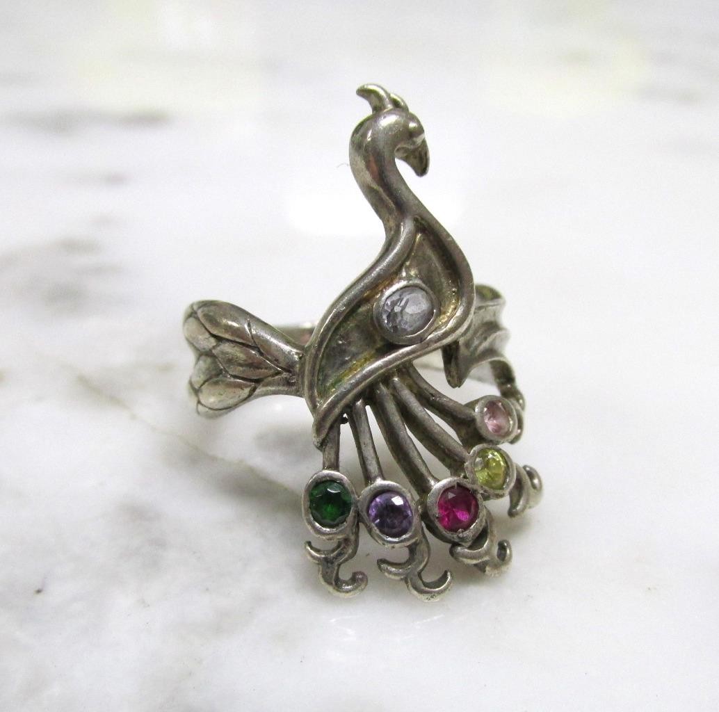 Women’s Sterling Silver Peacock Design Ring w/ Gemstones Sz 7.5 ~ 6.4g ~ 7-C587