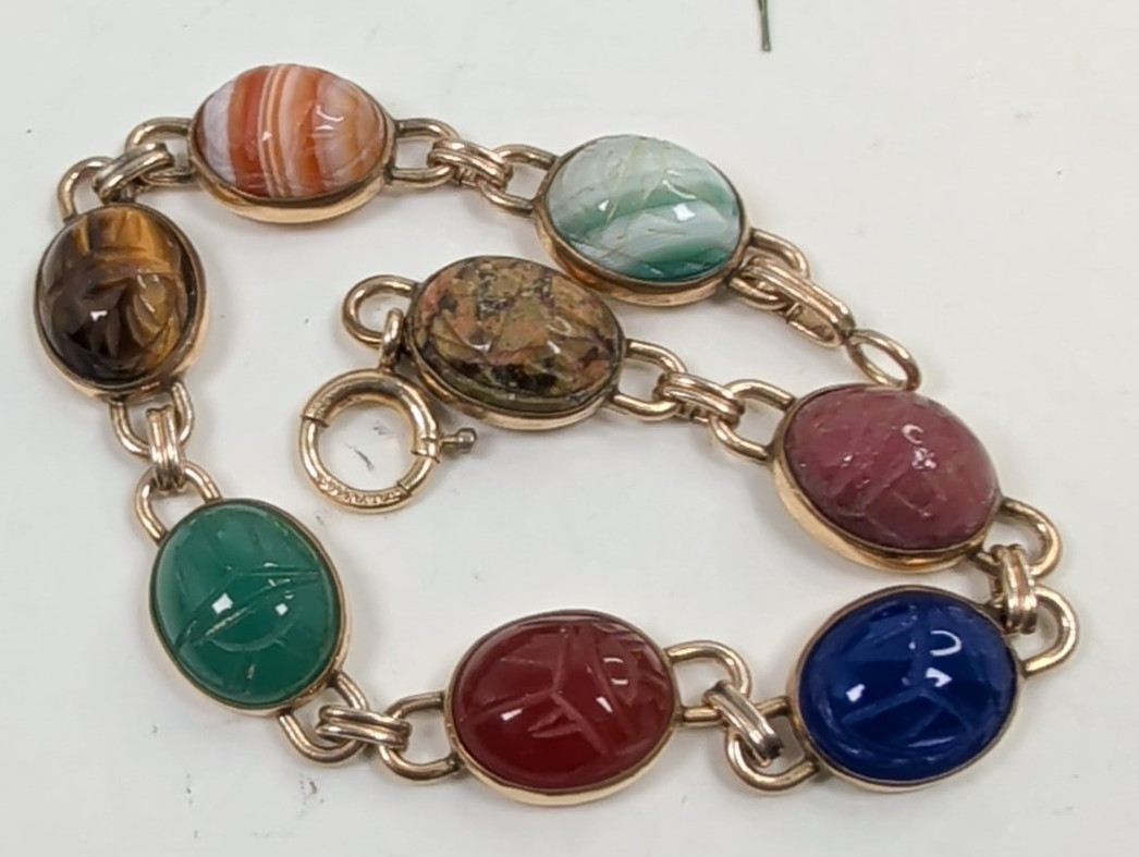 Vintage WRE 1/20 12K GF Gold Filled Multi Gemstone Carved Scarab Link Bracelet