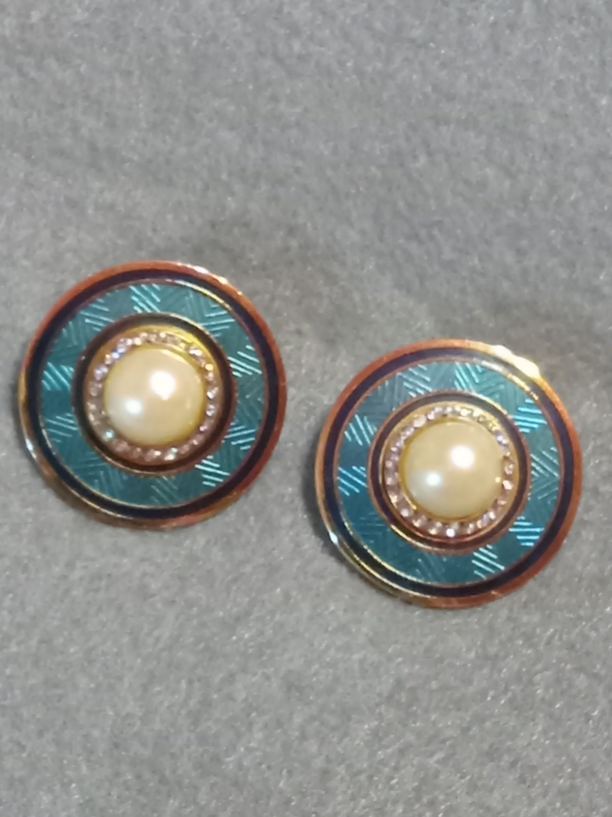 Vintage Earrings Signed Nuri Blue Enamel,”Neo Deco” Design Faux Pearl Rhinestone