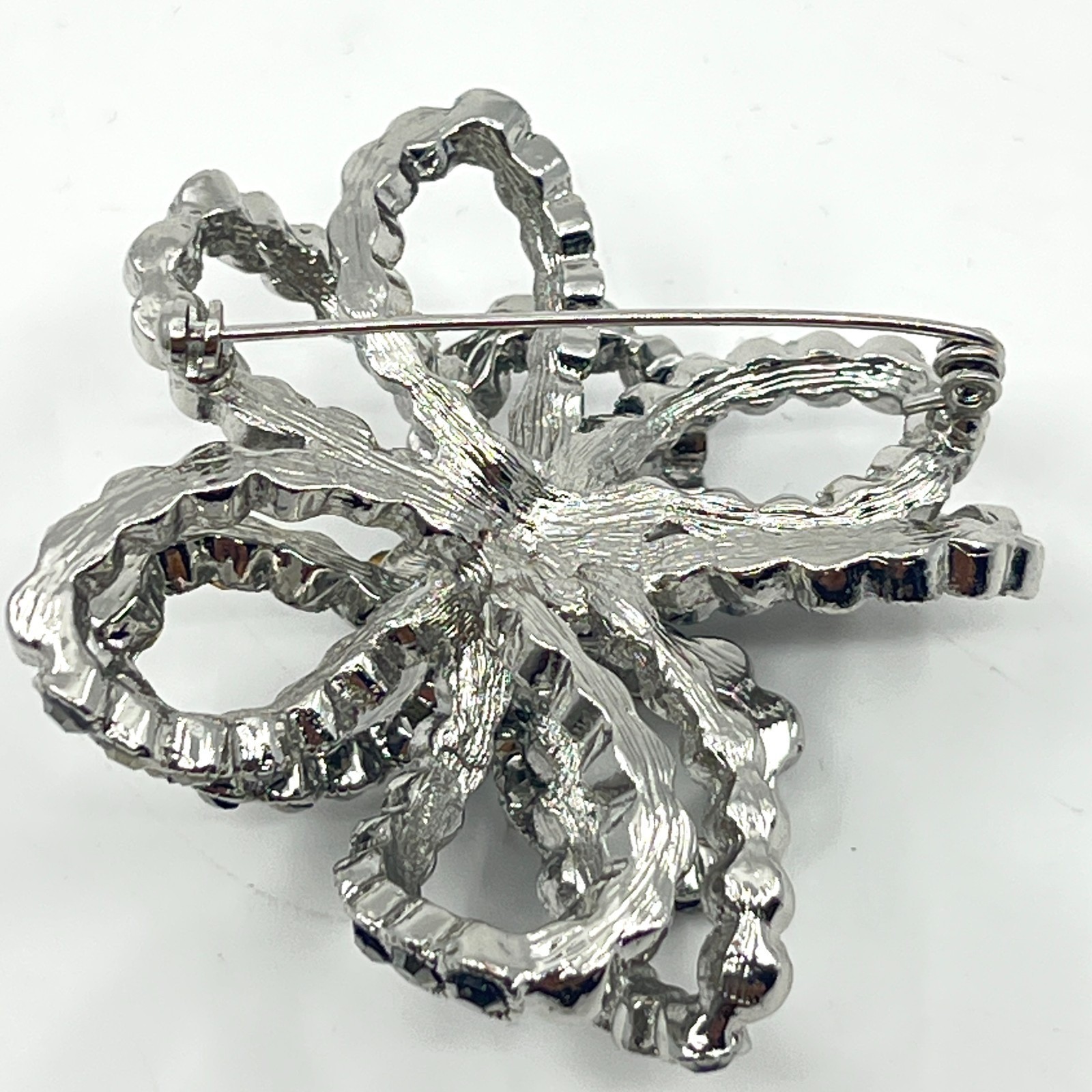 Brooch Vintage Silver Tone Layered Bow Smoky Rhinestone Statement Pin Accessory