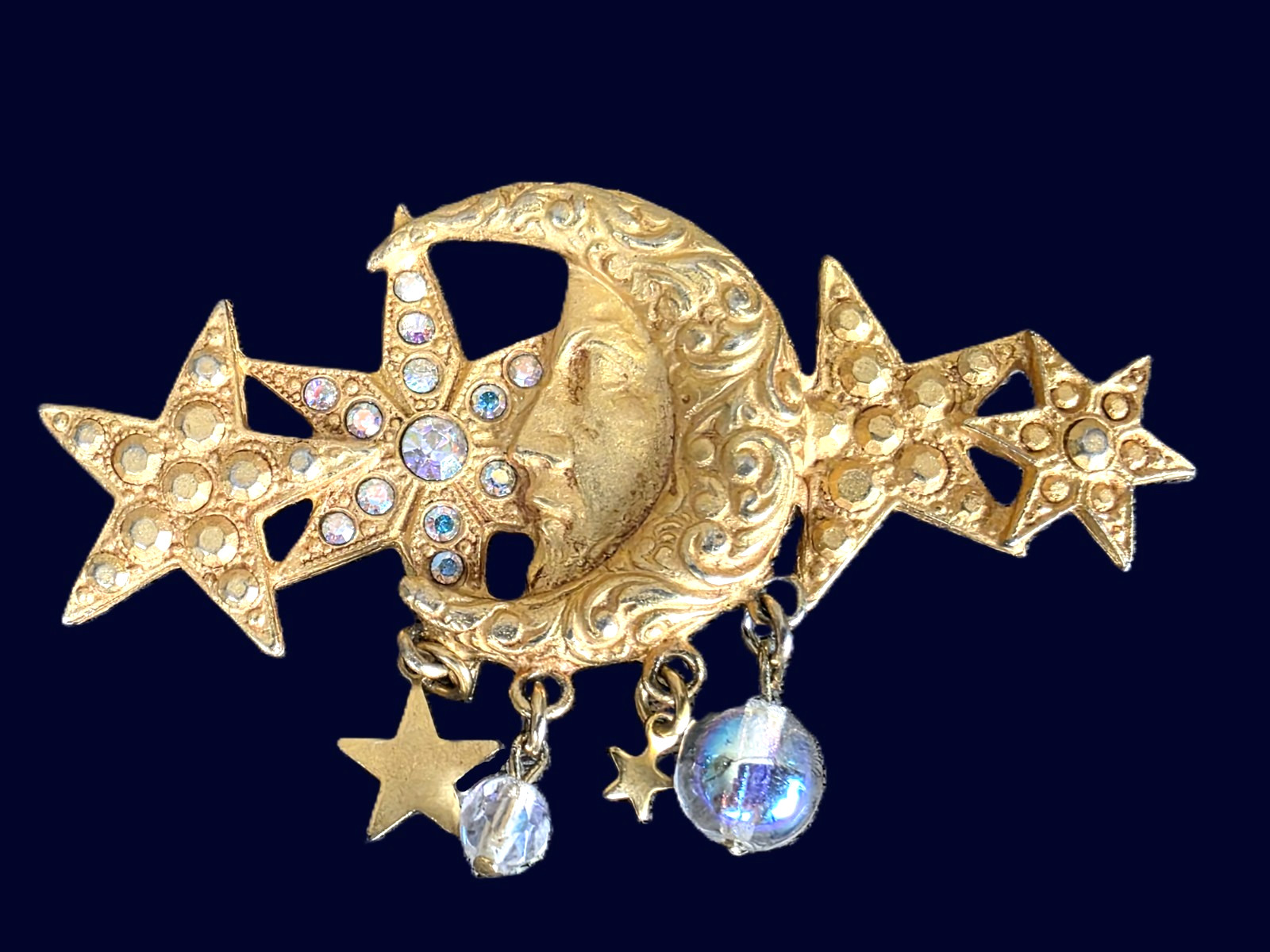 Vintage KIRKS FOLLY Celestial Moon Face Stars Brooch Pin