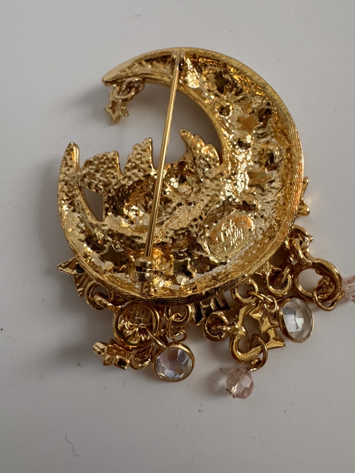 Vintage Kirks Folly Angel Cherub Moon & Stars Crystal Gold Tone Brooch Pin 2.5″