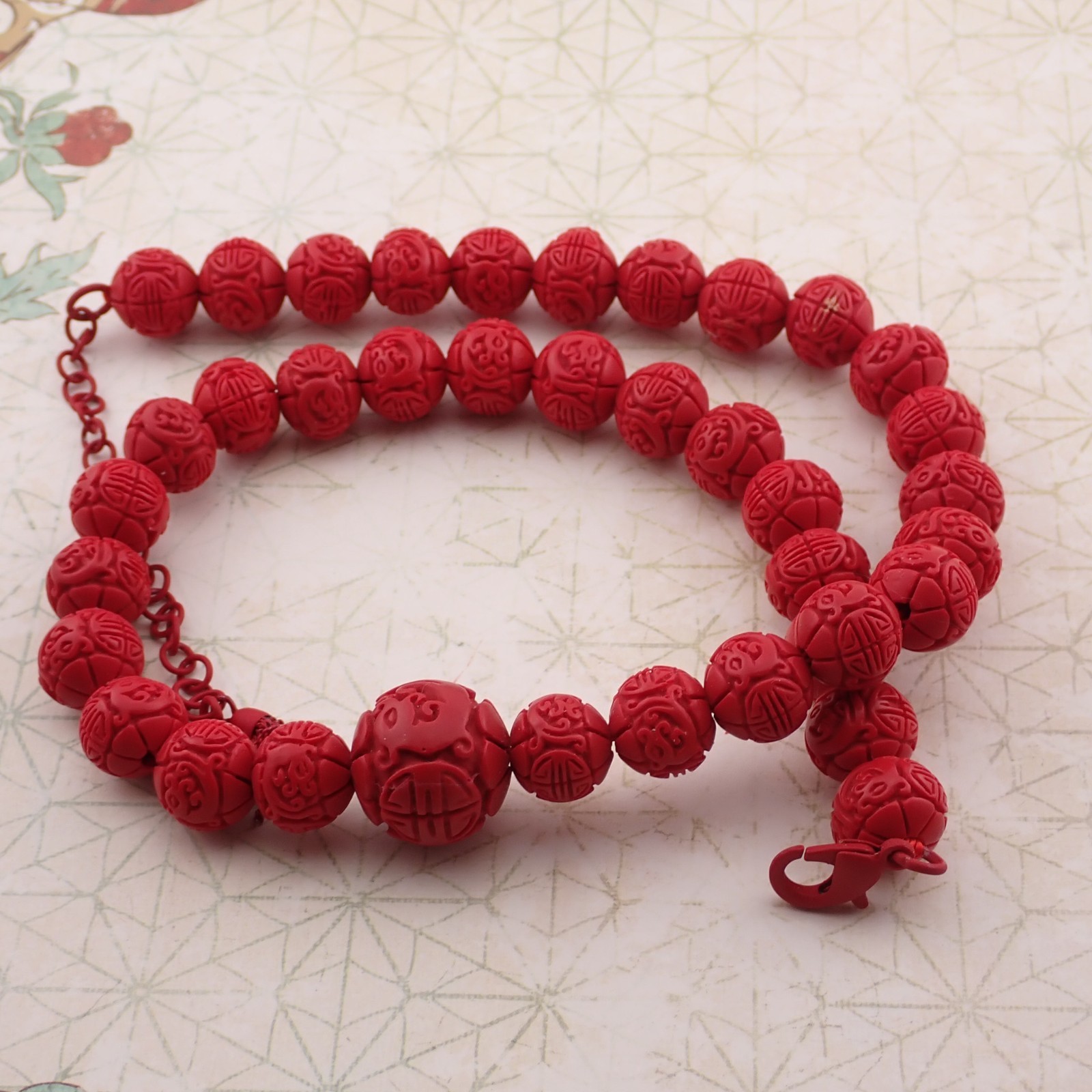 Vintage 1990’s Red Cinnabar Style Graduated Carved Bead 20″ Adjustable Necklace