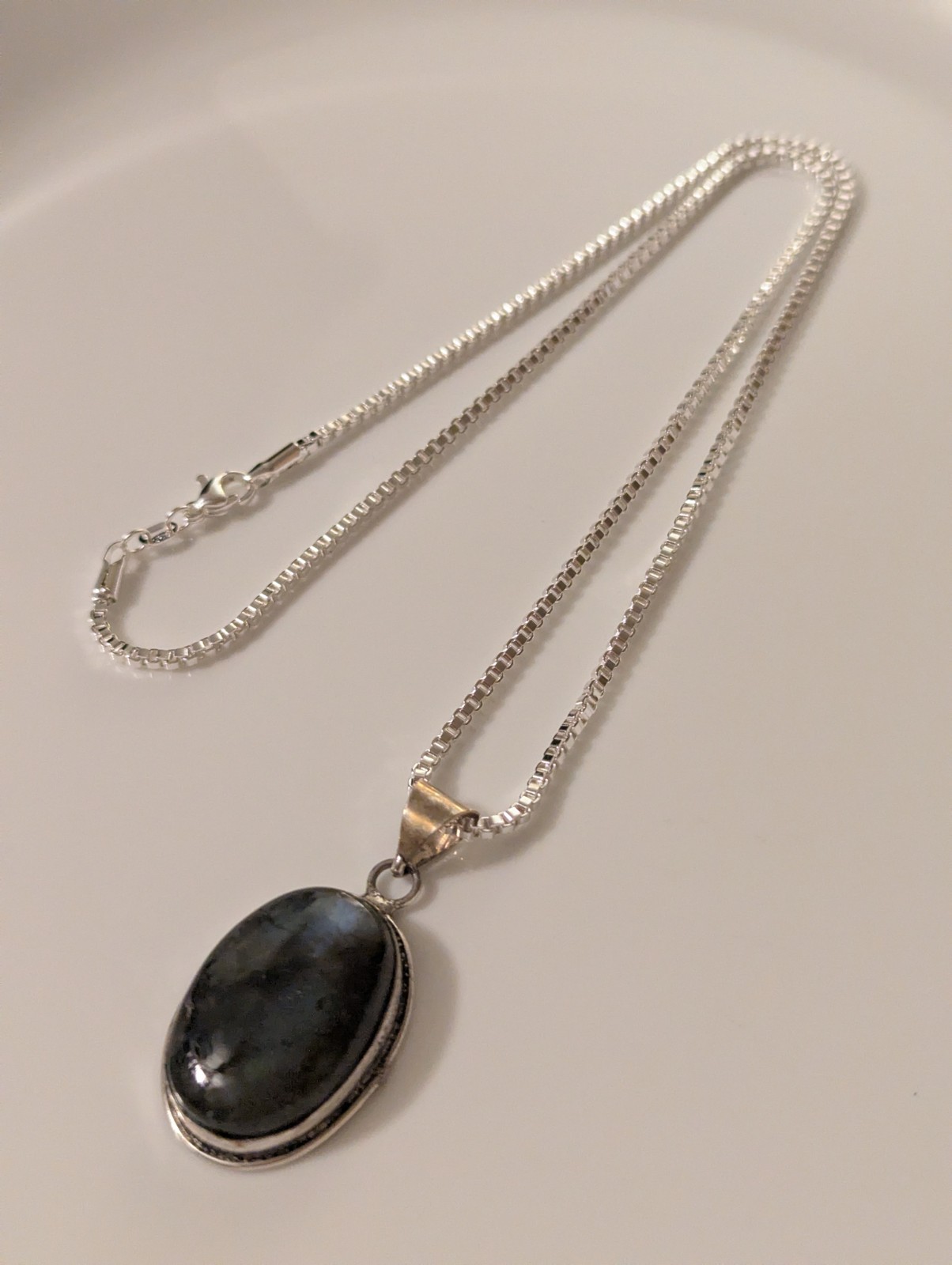 Vintage Sterling Silver Labradorite Oval Pendant on New 925 Box Chain Gift Ready