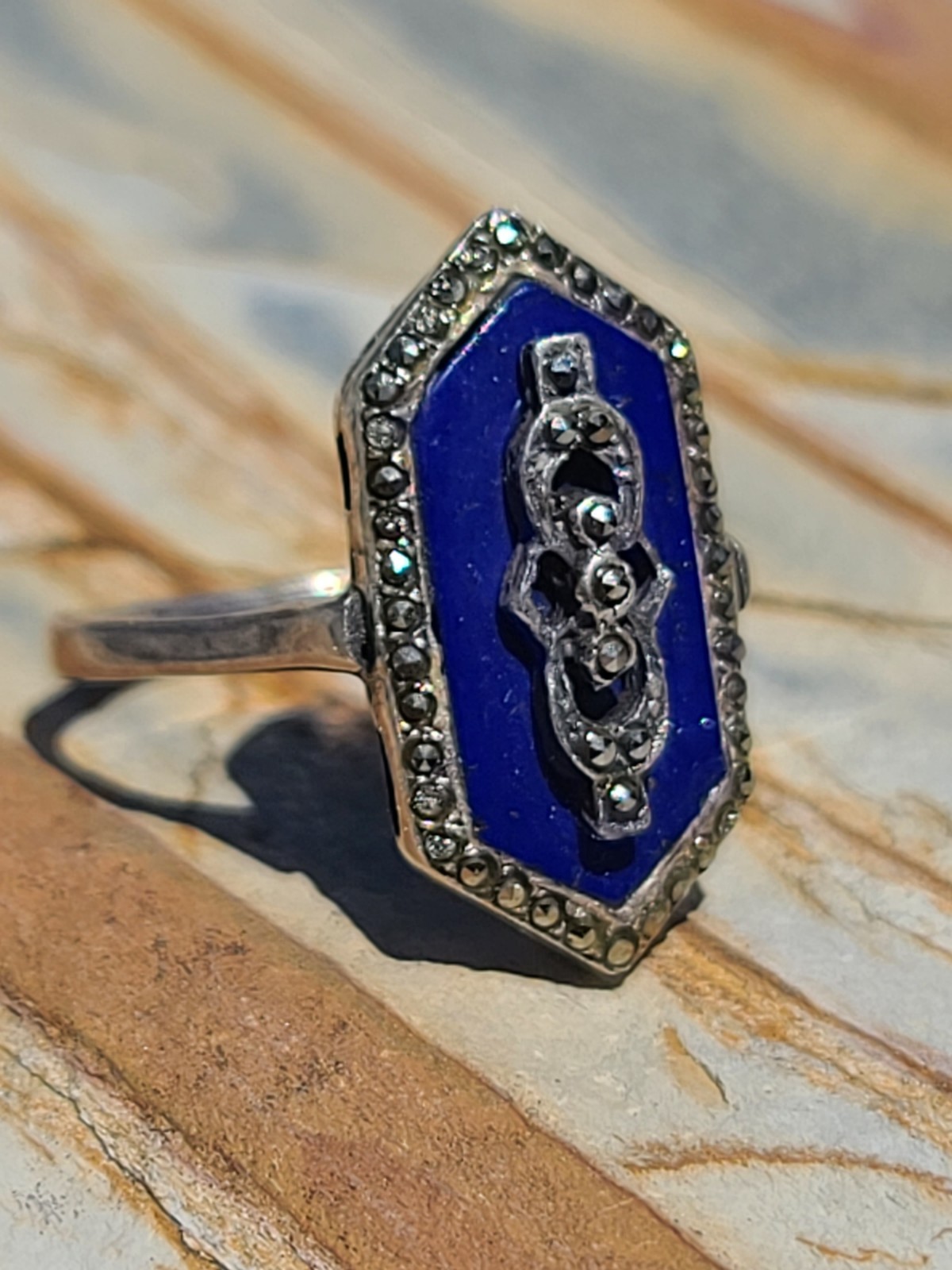 Fancy Antique VTG Art Deco Sterling Silver Lapis Lazuli Marcasite Ring Size 8
