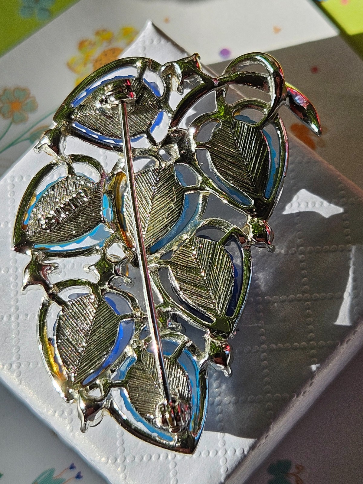 Vintage MCM Lisner Blue Leaf Lucite Rhinestone Brooch Pin Gift for Her STUNNING!