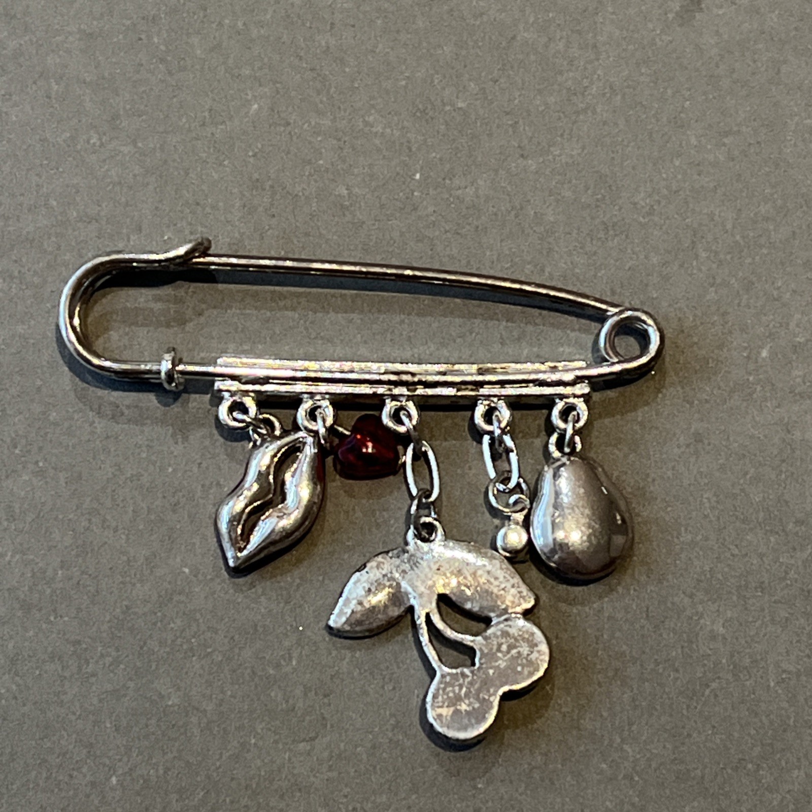 Vtg Lucky Charm Safety Pin Brooch Lips Heart Cherries Ladybug Nature Love & Luck
