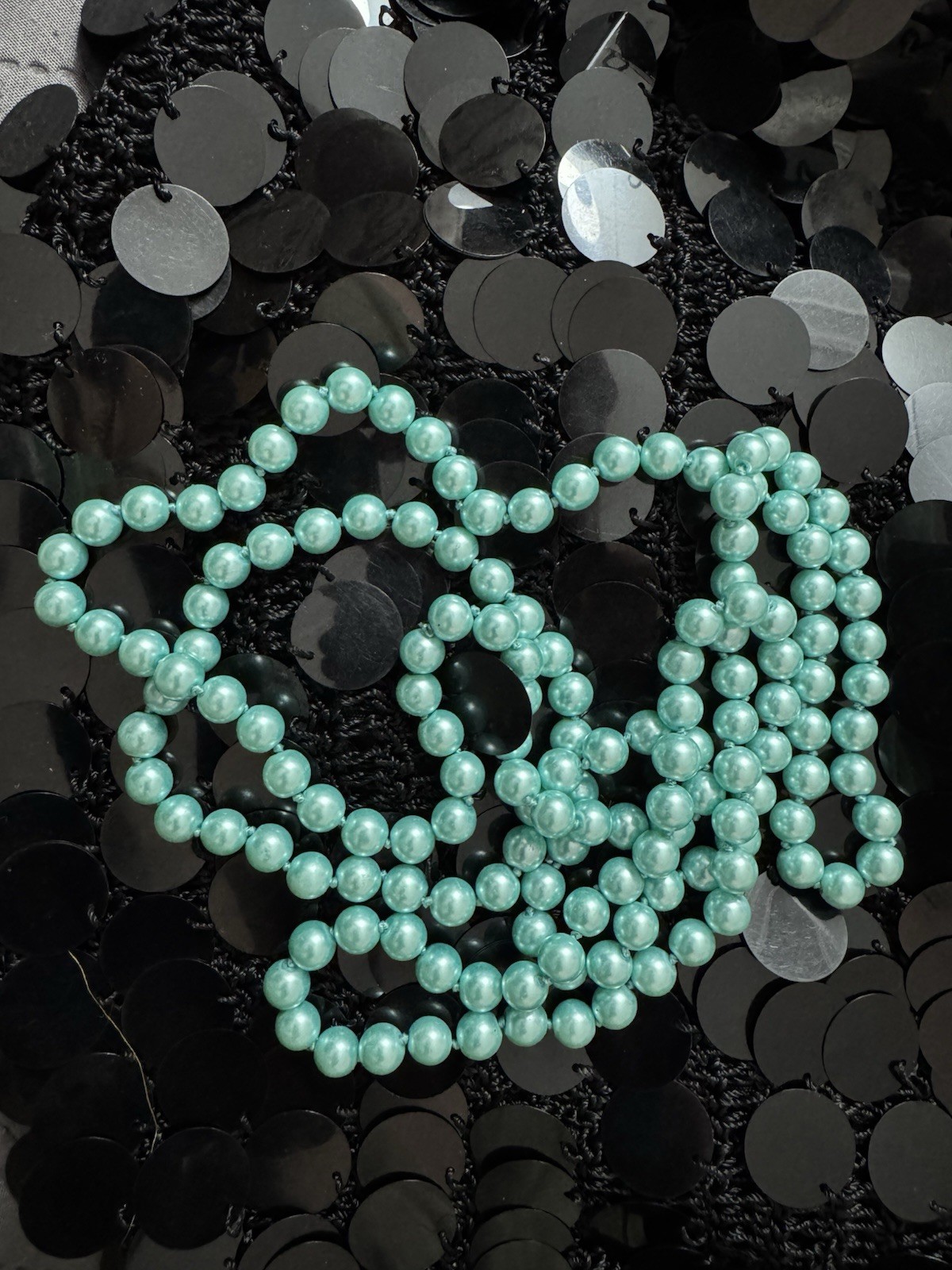 Long Purple Yellow Beige Turquoise Black Faux Pearl Necklace Length 25”