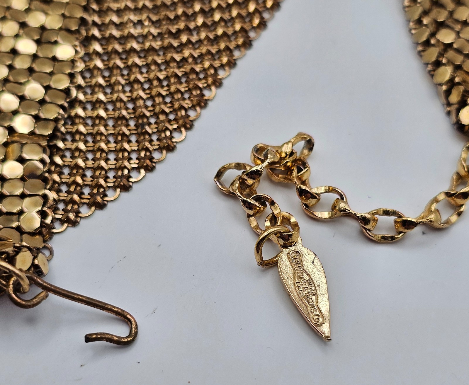 Vintage Whiting & Davis Gold Tone Mesh Scarf Bib Statement Necklace Disco