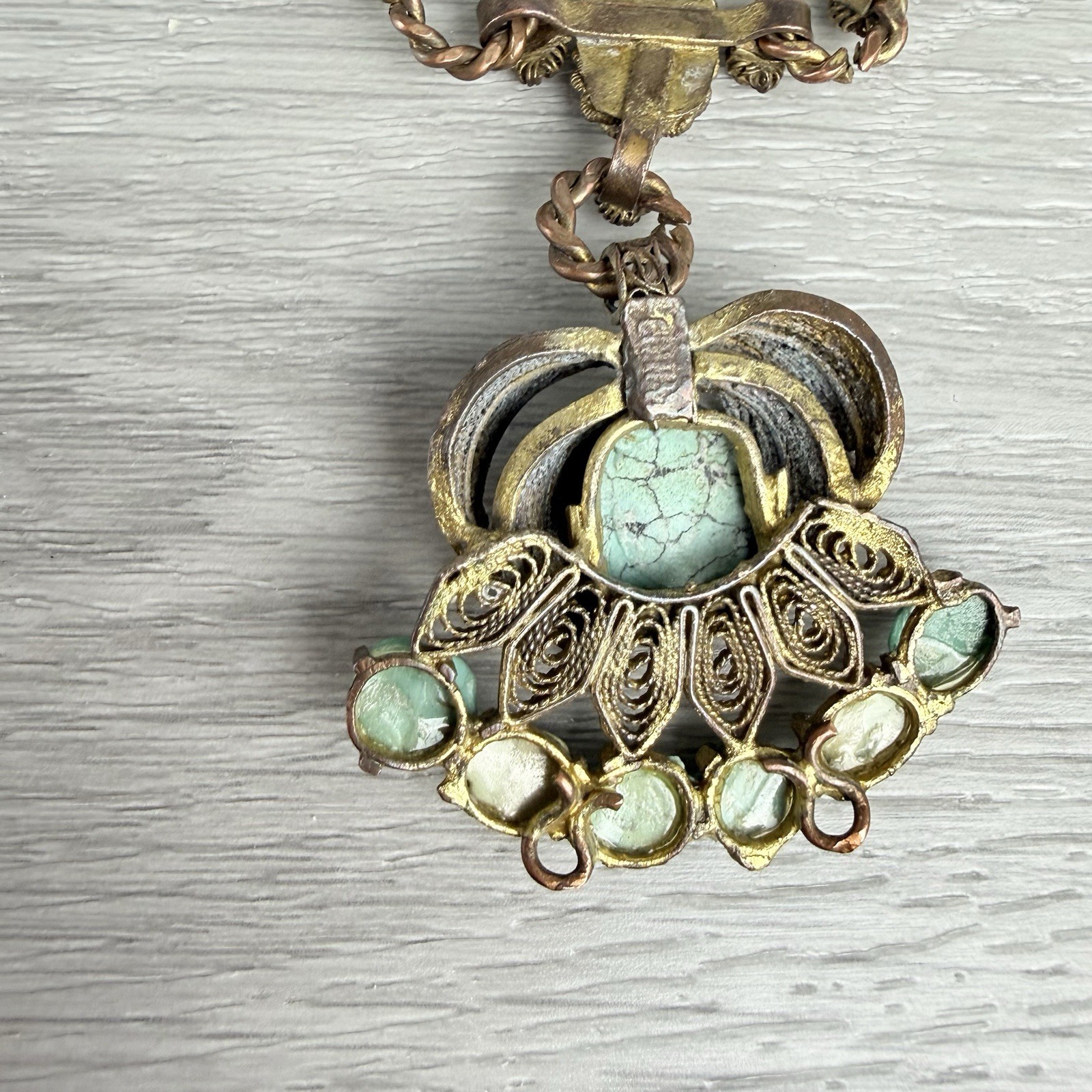 Vintage Possibly Antique Chinese Import Filigree Turquoise Pendant Necklace