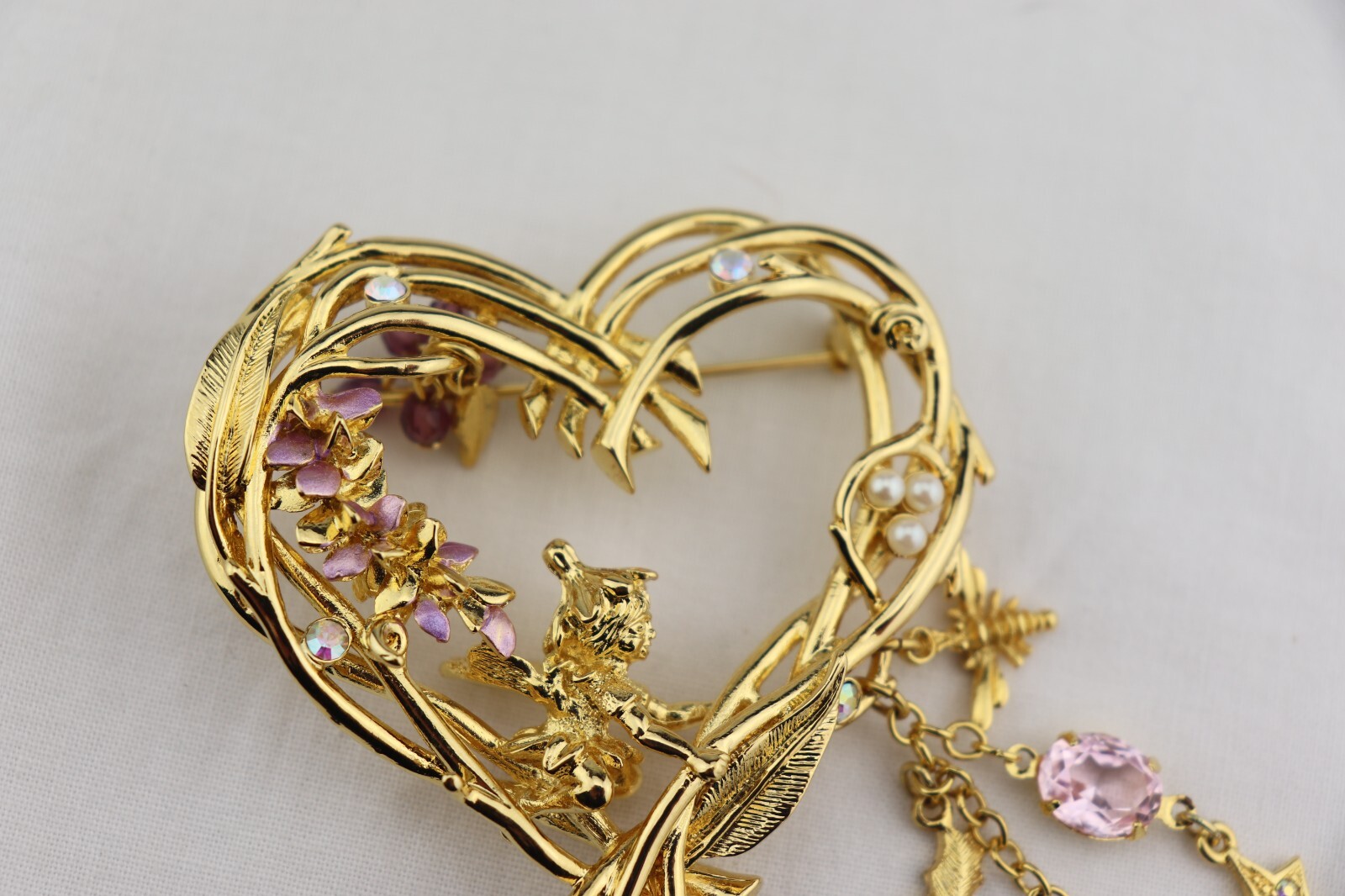 Vintage Kirks Folly Gold Tone Wisteria Heart Wood Fairy Rhinestone Pin Brooch