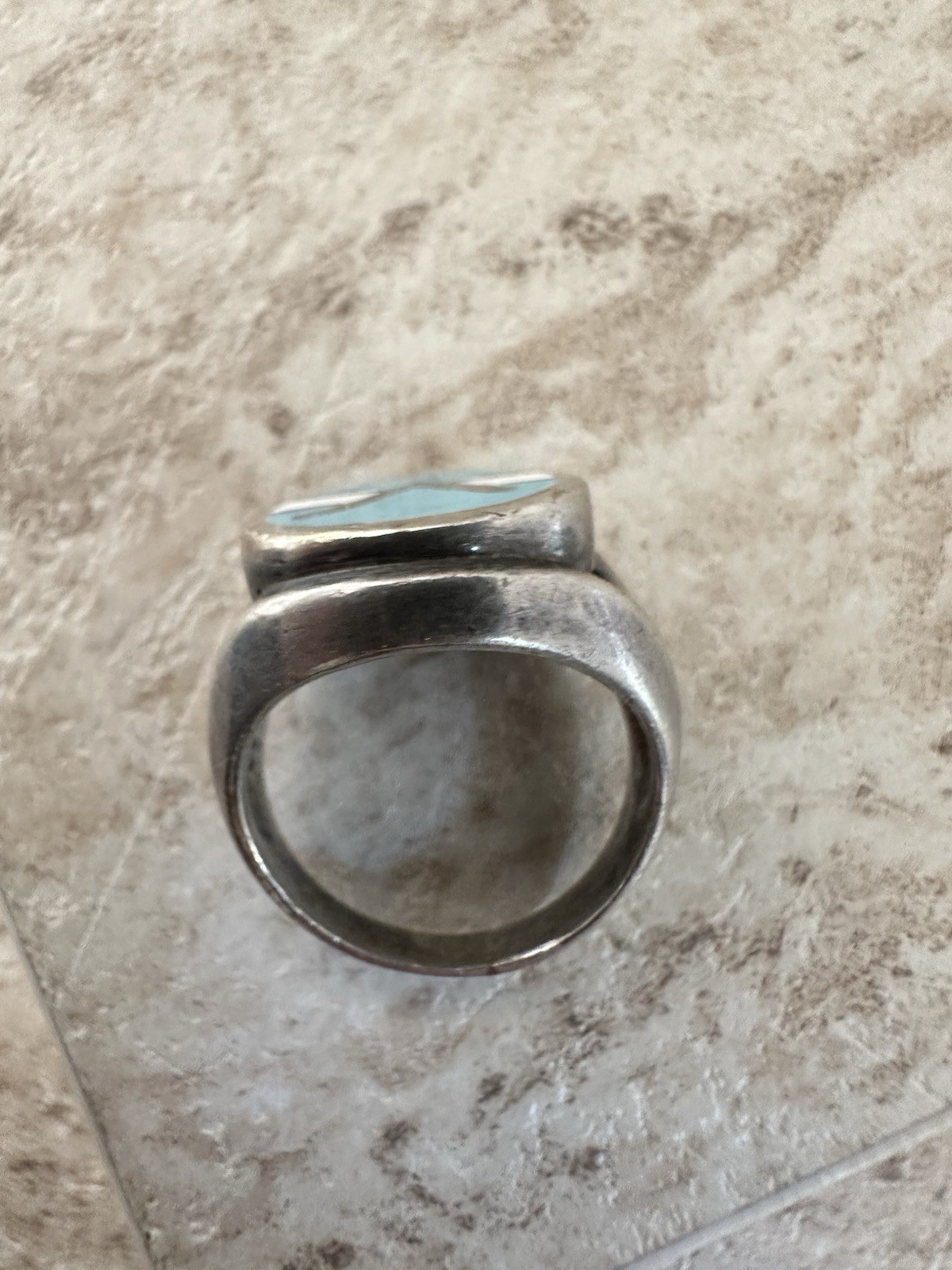 925 Silver Signet vintage Ring Size 5.5 Round Bezel Blue/White/Black Inlay