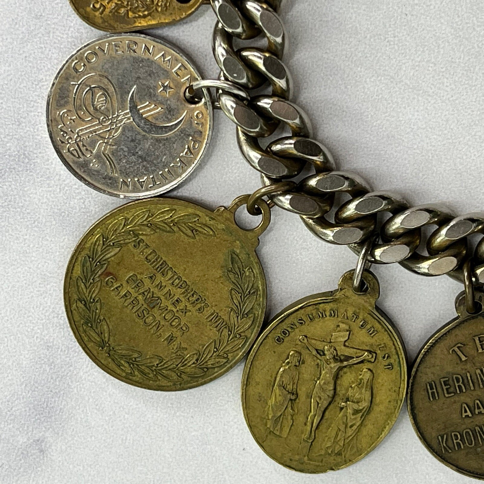 Vintage 13 Coin Charm Bracelet Belgium, India, Pakistan 1957 1959 1955 7”