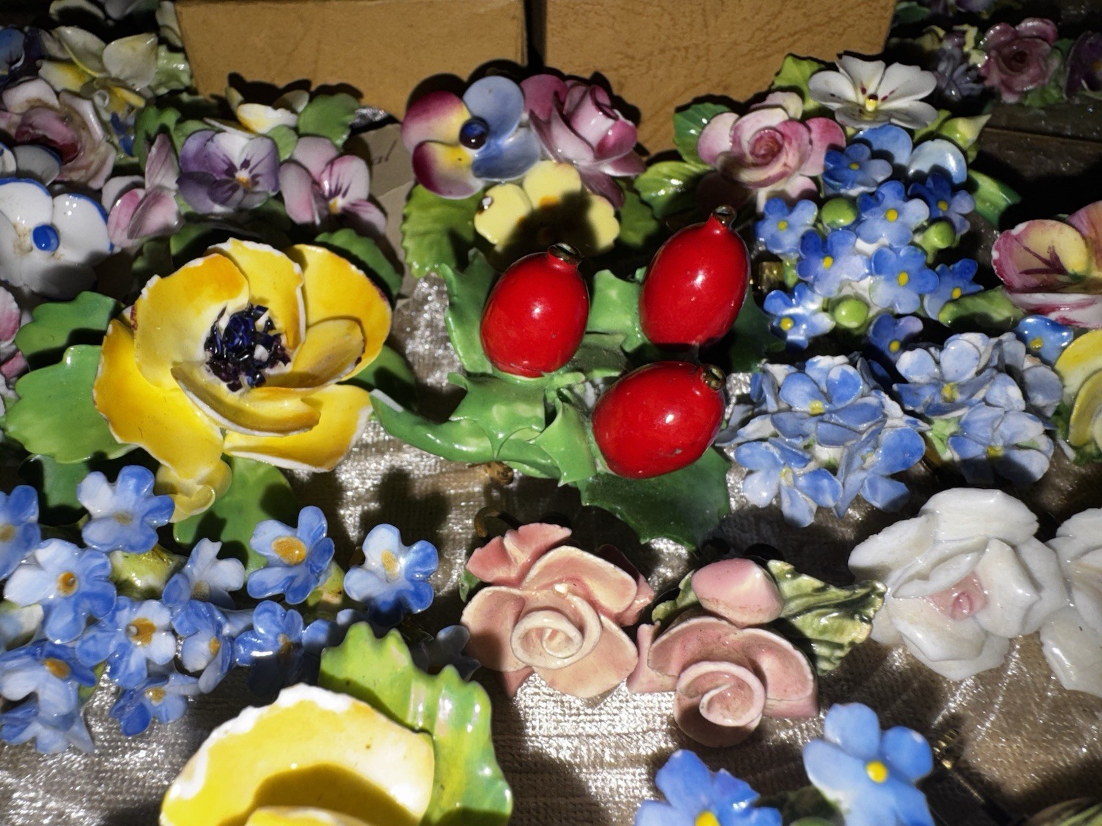 Vtg Jewelry Lot Signed English Fine Bone China Flower Art Brooch Earring Garden