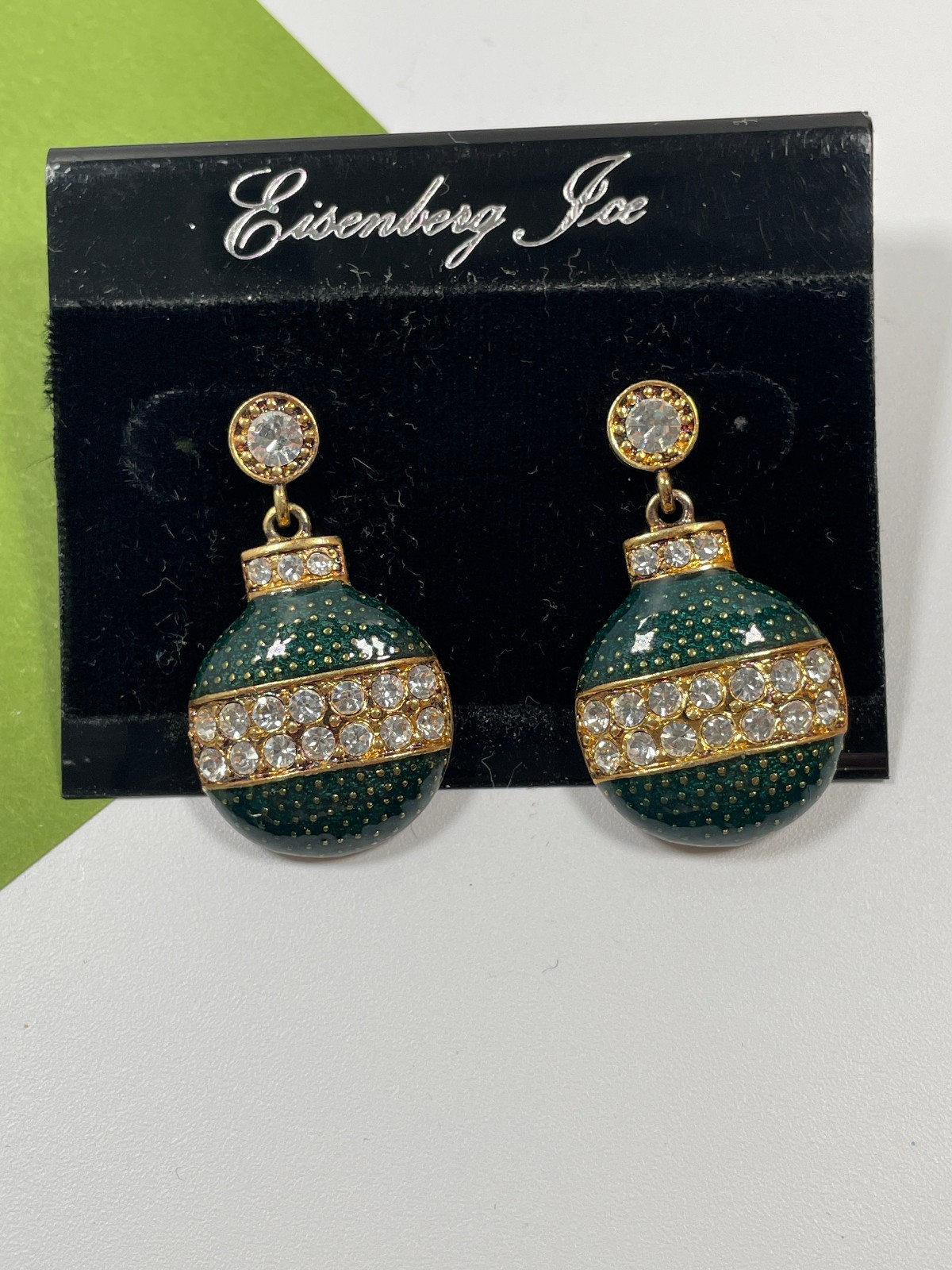 Vintage Signed Eisenberg Ice Green Enamel Christmas Ornament Dangle Earrings