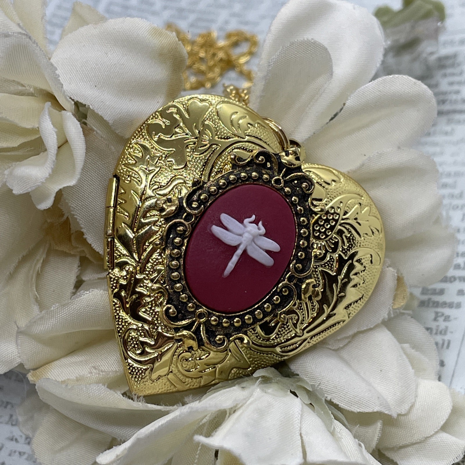 Gold Heart Locket Red Birthday Anniversary Wedding Dragonfly Cameo Necklace