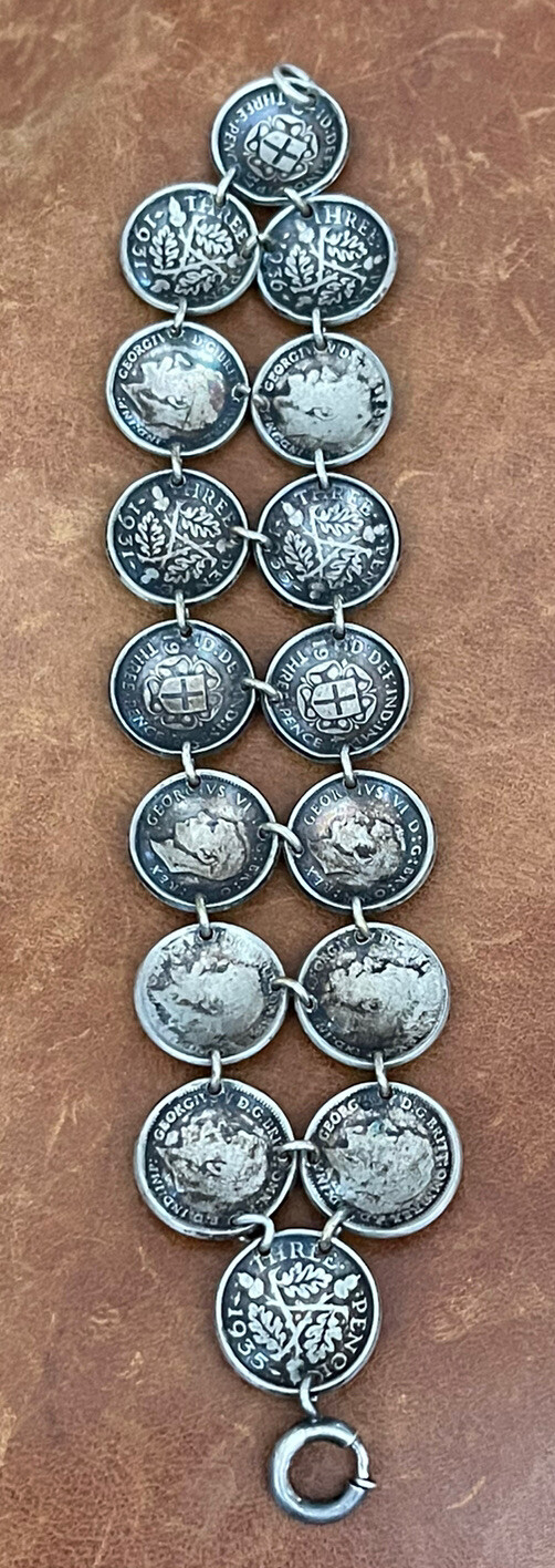 Old Great Britain Three pence .925 Sterling Coins Cupped Link Bracelet 6.25” In