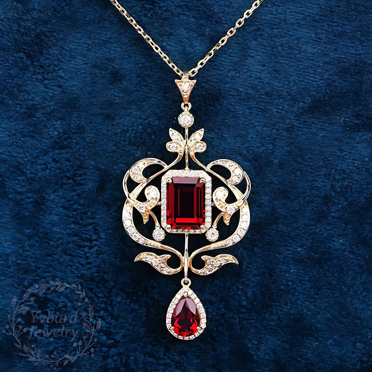 Victorian Emerald Cut Ruby & CZ Filigree Pendant Necklace Drop Floral Statement