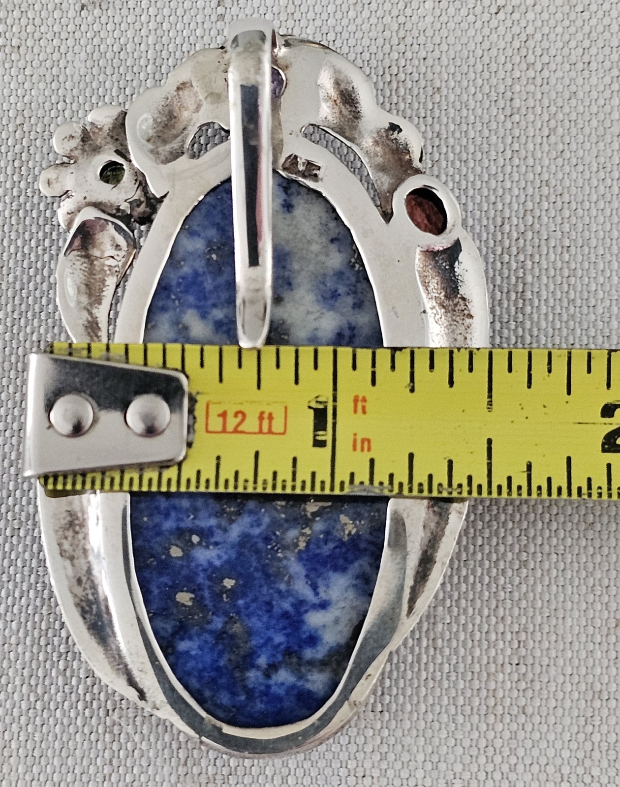 Vtg Sterling Silver 925 Large 2.5″ Ornate Lapis Lazuli Pendant Clip Signed 30g
