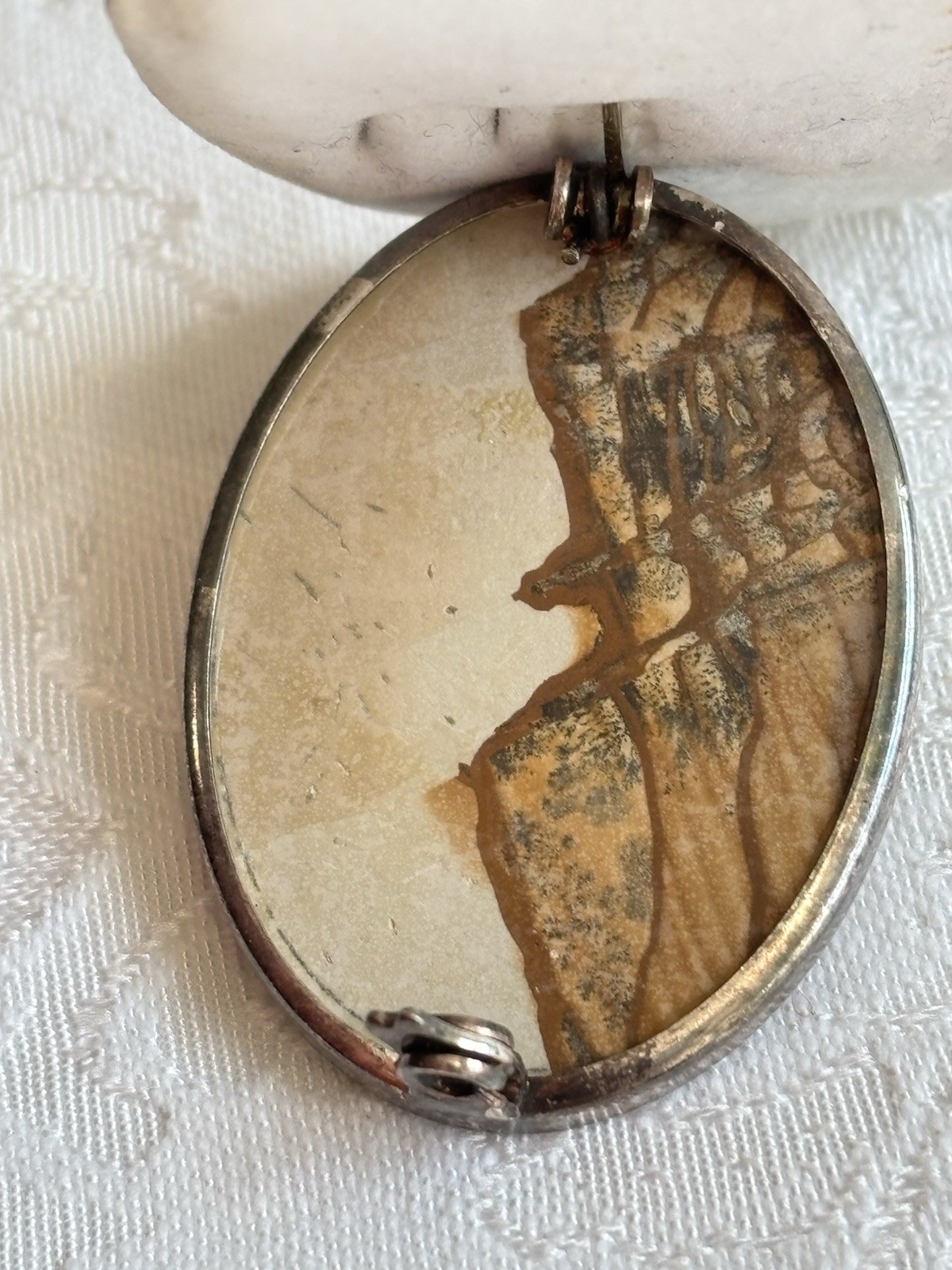 Vintage Picture Jasper Pin Landscape Brooch Tuscany Paesina Stone Italy UNUSED